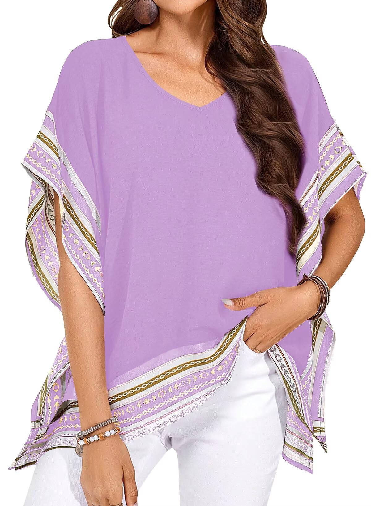 Falechay Women's Casual V Neck Floral Tops Batwing Sleeve Blouse Loose Fitting Shirts Boho Flowy Side Slit Tees