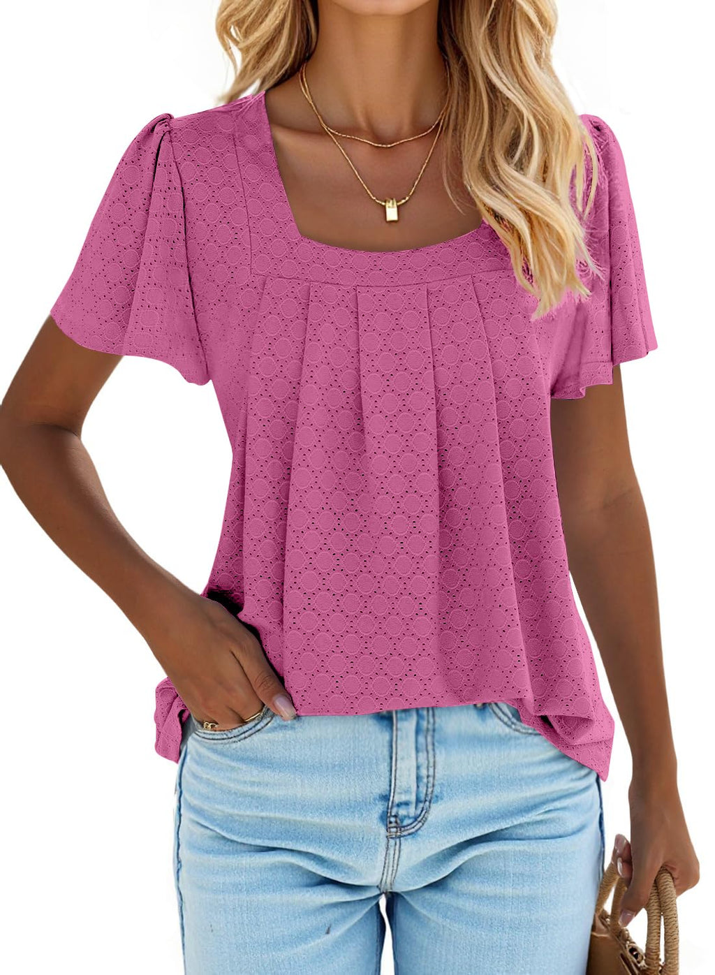 isermeo Summer Tops for Women Pleated Square Neck Ruffle Sleeve Shirts Casual Loose Flowy Curved Hem Tunic S-XXL