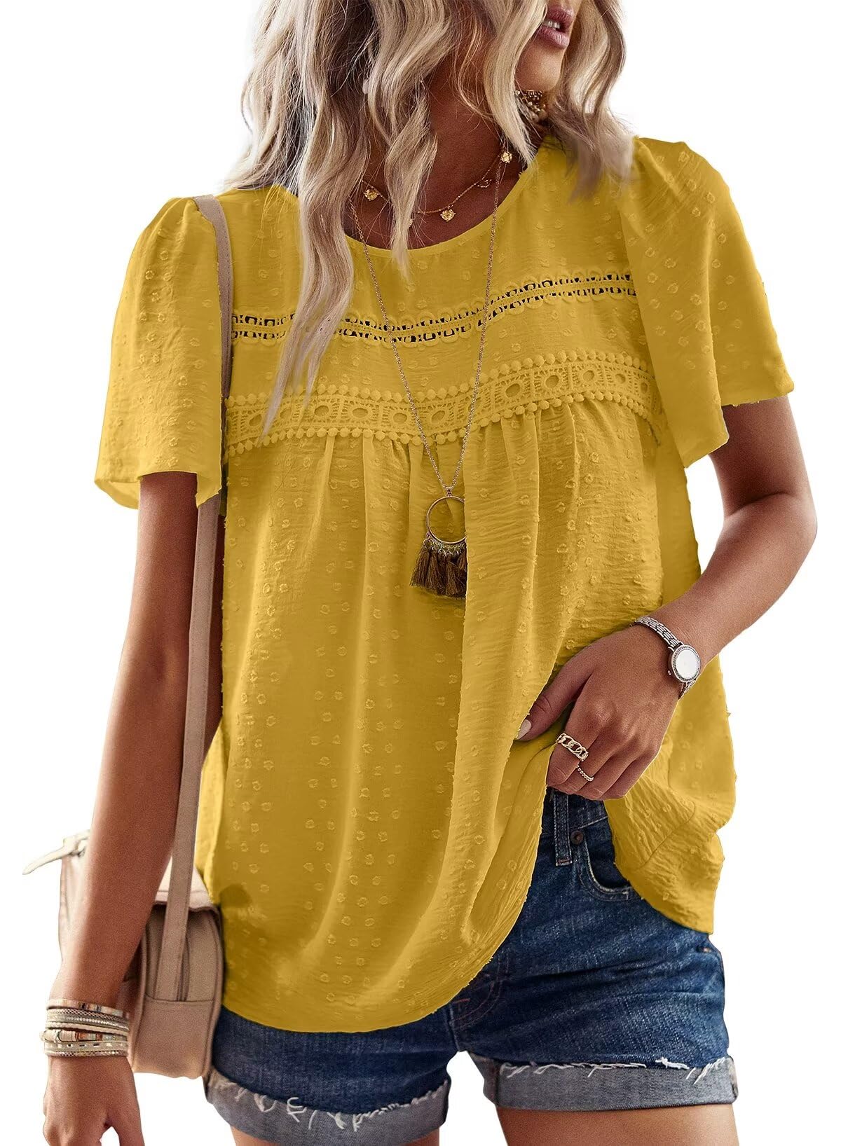 Falechay Womens Summer Tops Crewneck Short Sleeve Shirts Casual Chiffon Blouses Flowy Lace Hem Boho Clothing Trendy 2026