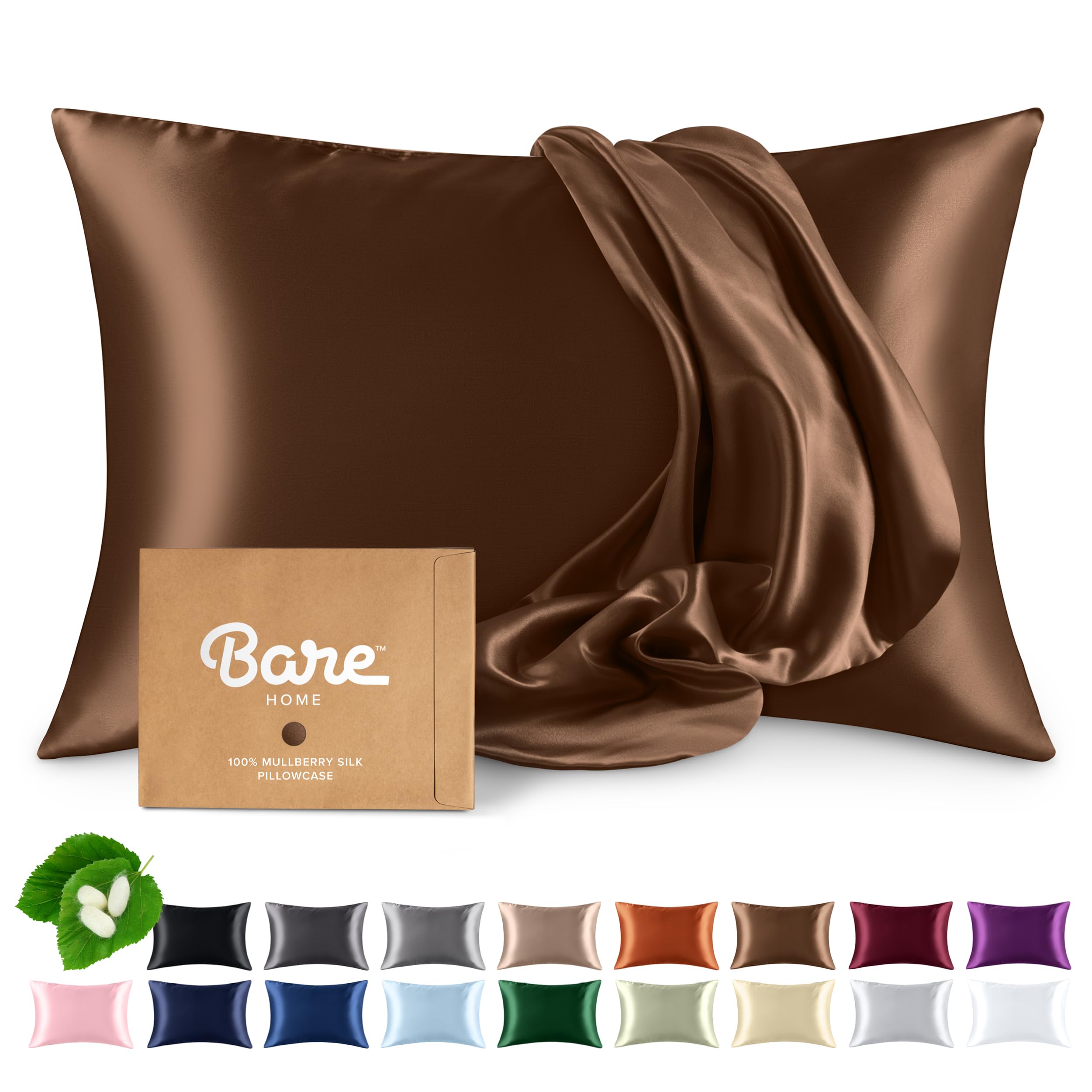 Bare Home 100% Mulberry Silk Pillowcase for Hair and Skin - Ultra Premium 6A Grade 19 Momme Silk Pillow Case - Hidden Zipper - Breathable Cooling Pillow Cover (Body, Silver)