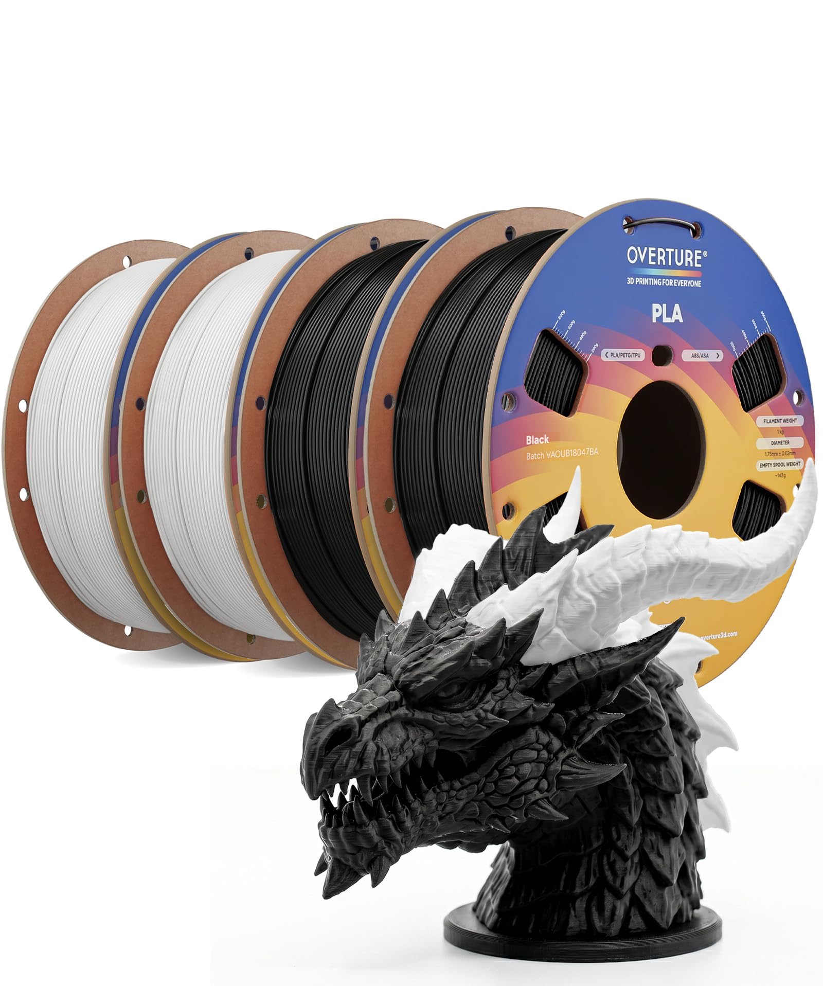 Bobines de filament PLA noir et blanc avec figurine de dragon imprimée