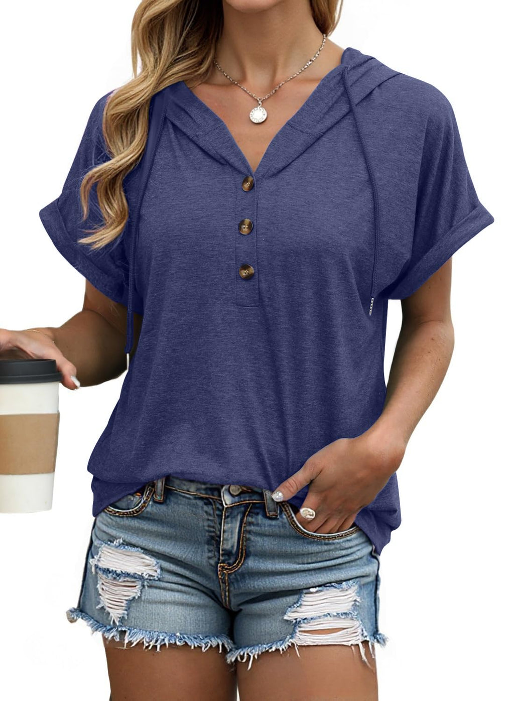 isermeo Womens Oversized Short Rolled Sleeve Summer Hoodie T Shirt 2024 Trendy Henley Button Tshirts S-XXL