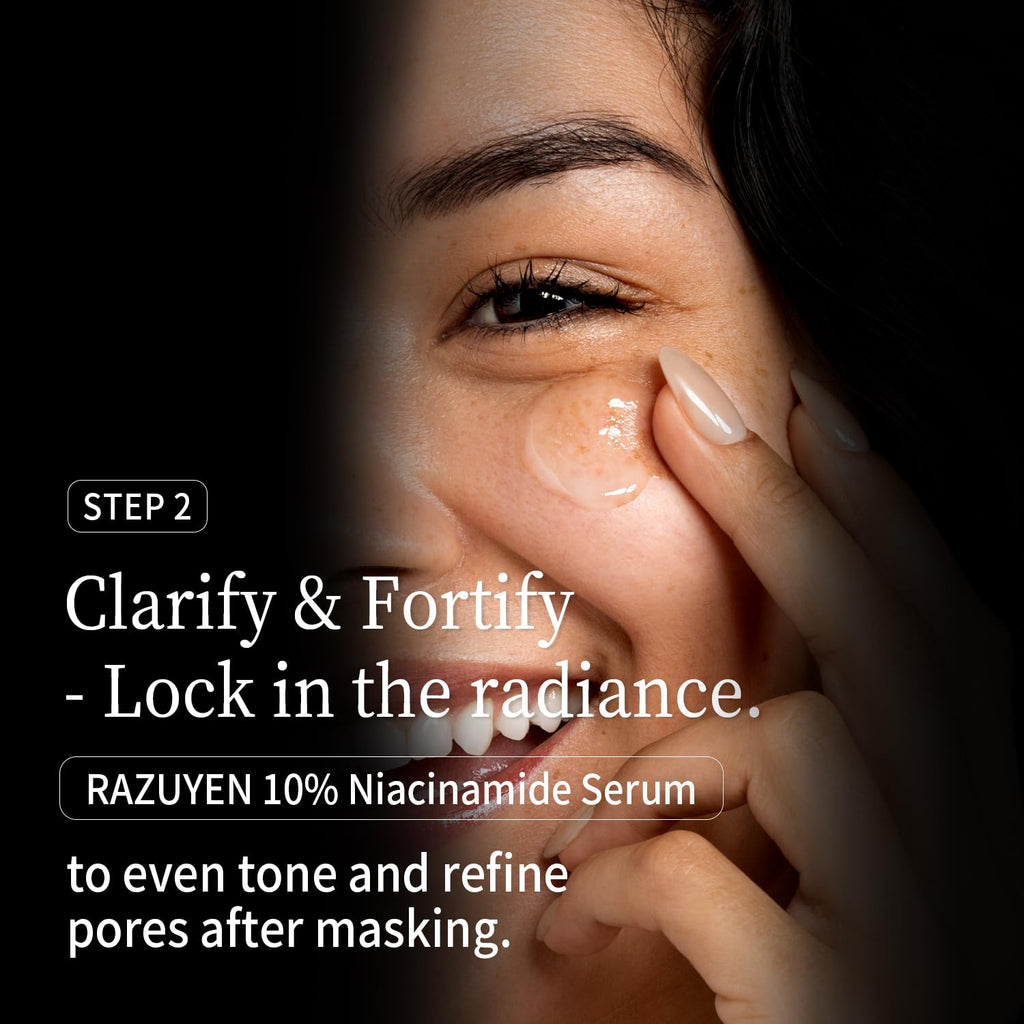 Sérum visage RAZUYEN 10% niacinamide appliqué sur le contour de l’œil.
