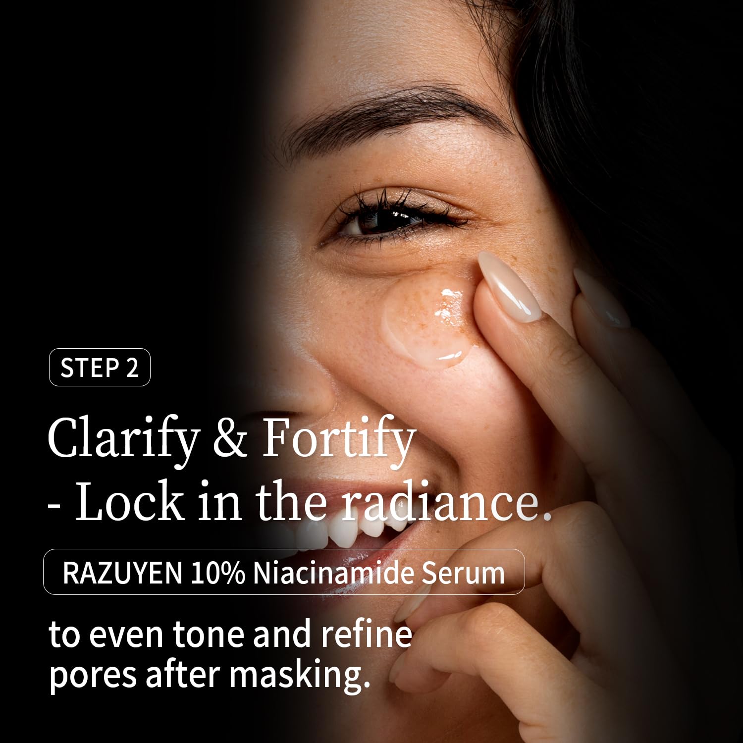 Sérum visage RAZUYEN 10% niacinamide appliqué sur le contour de l’œil.