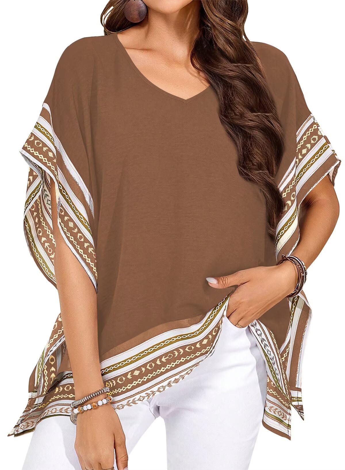 Falechay Women's Casual V Neck Floral Tops Batwing Sleeve Blouse Loose Fitting Shirts Boho Flowy Side Slit Tees