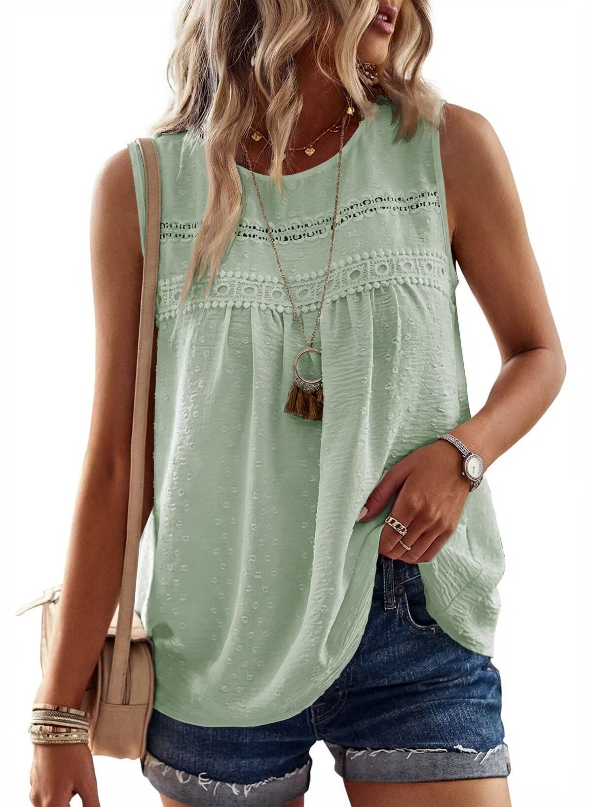 Falechay Womens Summer Tops Boho Shirts Crewneck Sleeveless Tank Tops Flowy Lace Hem Casual Blouses Clothing Trendy 2026
