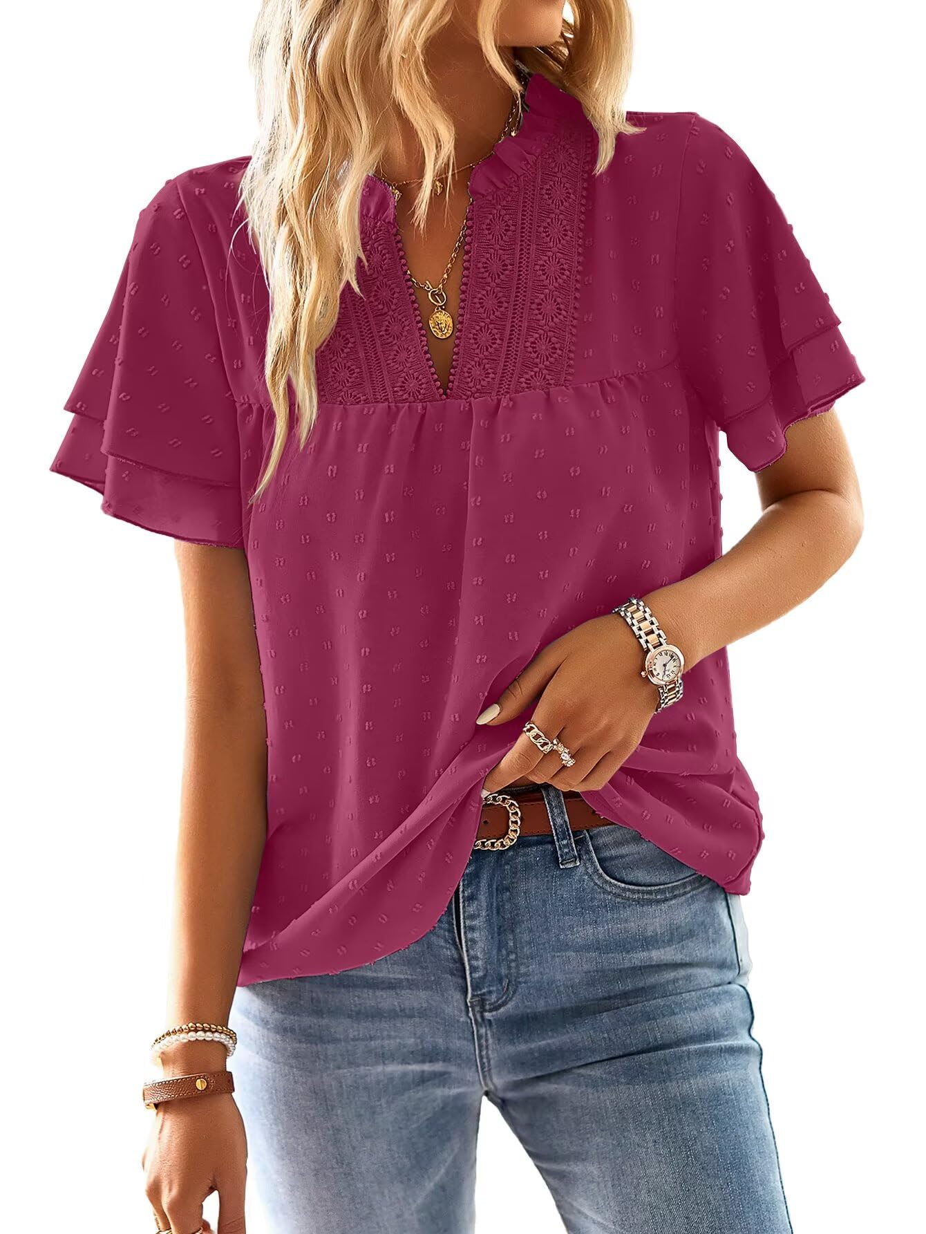 Falechay Womens Tops Butterfly Sleeve V Neck Blouses for Women Dressy Casual Flowy Swiss Dot Ruffle Short Sleeve Shirts