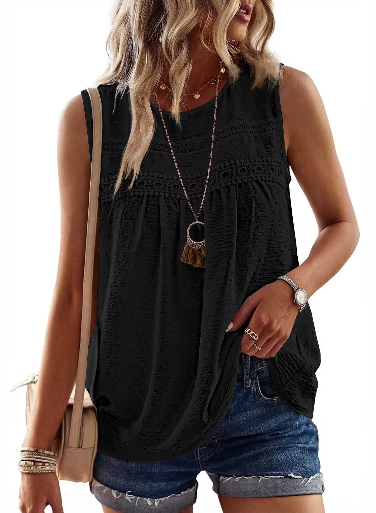 Falechay Womens Summer Tops Boho Shirts Crewneck Sleeveless Tank Tops Flowy Lace Hem Casual Blouses Clothing Trendy 2026