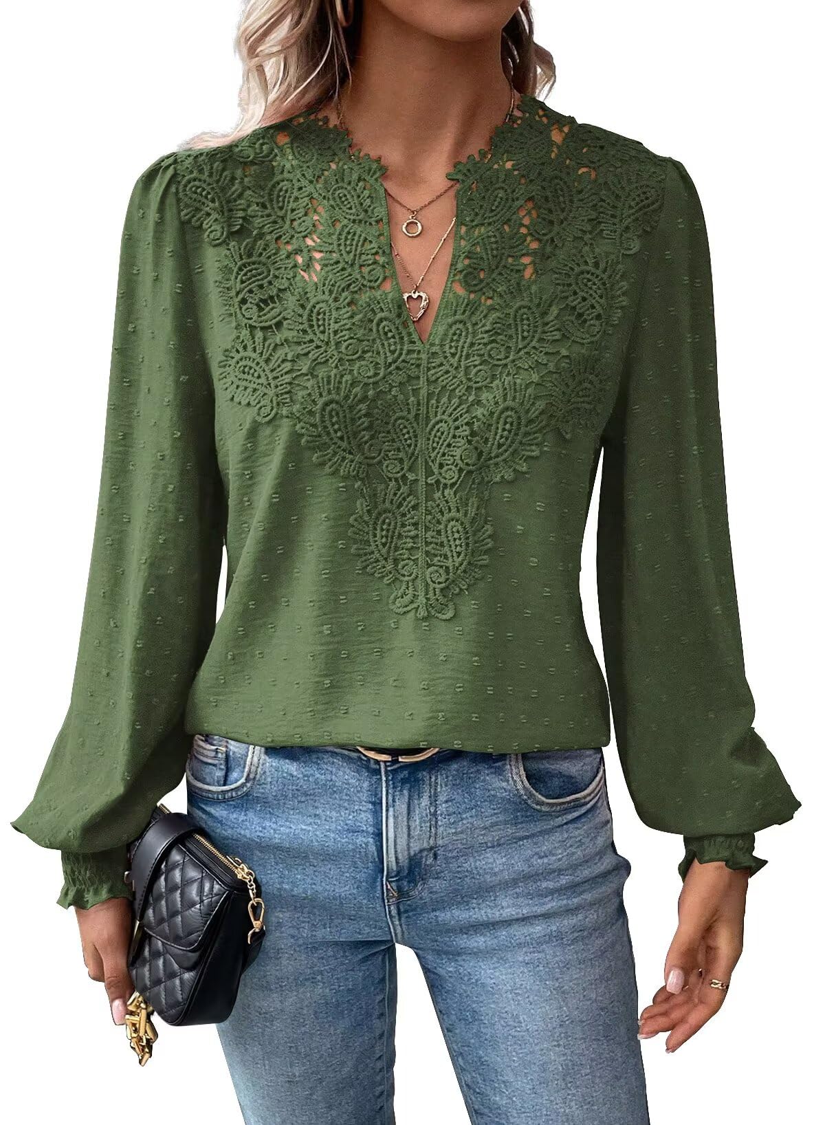 Falechay Womens Tops Swiss Dot Boho Long Sleeve Shirts V Neck Casual Chiffon Blouses Flowy Lace Hem Cute Clothing Trendy 2026