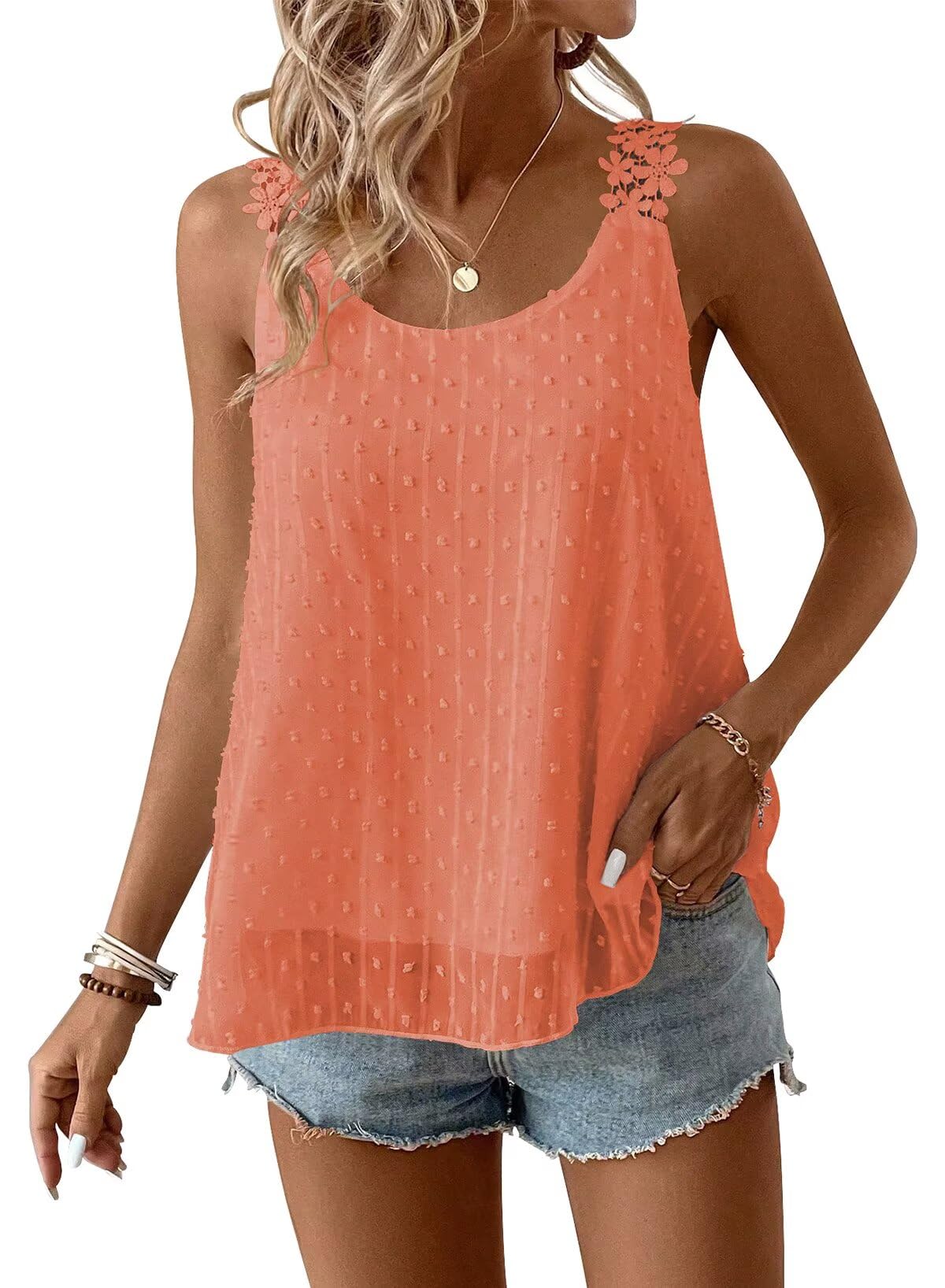 Falechay Womens Tank Tops Flowy Sleeveless Summer Boho Tank Top for Women Crewneck Spaghetti Strap Lace Camisole Shirts