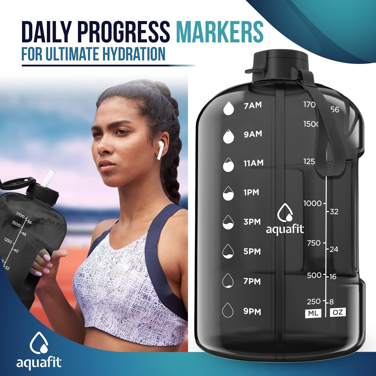 AQUAFIT 2l Water Bottle with Straw - Half Gallon Water Bottle - Motivational Gym Water Bottles 2l - 2 Liter Water Bottle Time Marker - Half Gallon Water Jug 64 oz - Large Water Bottle Gray