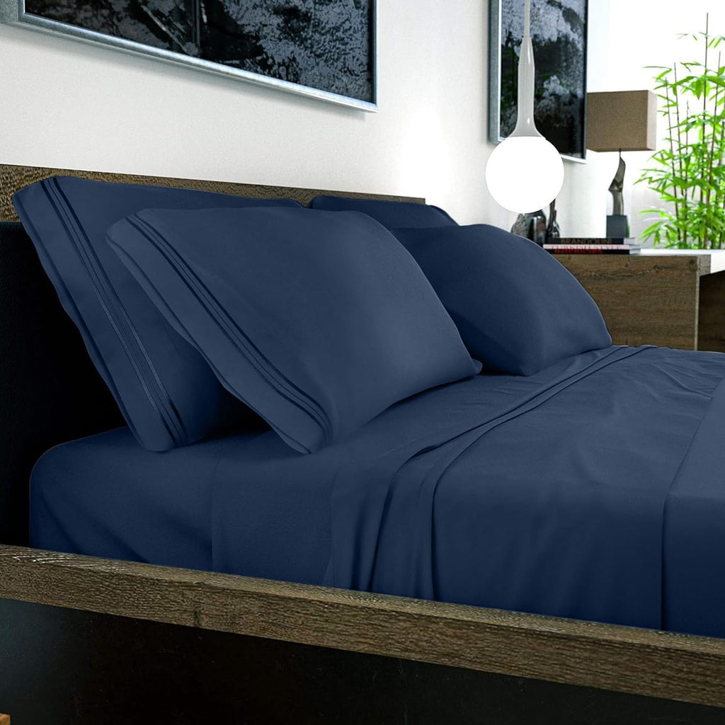 DREAMCARE Bedding Sets Queen - 6 Piece Queen Bed Sheets - Deep Pocket up to 15 in - Draps Lit Queen - Luxury Hotel Sheets & Pillowcases Set - Shrink & Fade Resistant (Queen, Navy Blue
