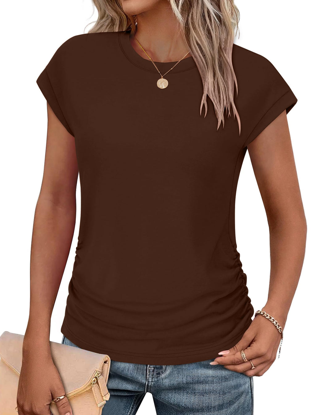 isermeo Womens Summer Tops Trendy 2026 Ruched Side Cap Short Sleeve Tshirts Crew Neck T Shirts Fashion S-XXL