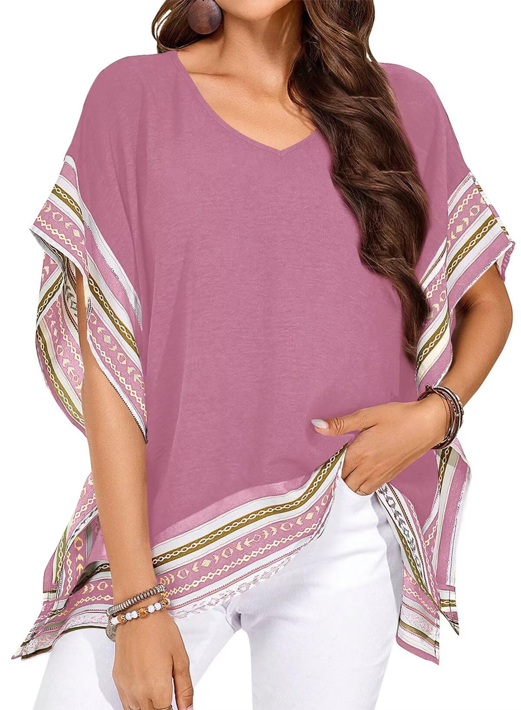 Falechay Women's Casual V Neck Floral Tops Batwing Sleeve Blouse Loose Fitting Shirts Boho Flowy Side Slit Tees