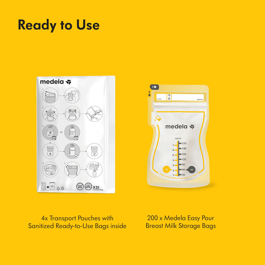 Medela Easy Pour Disposable Breast Milk Storage Bags, 7 oz/210 ml Capacity, Leakproof Design with Milk Protection, Made Without BPA, Pack of 100