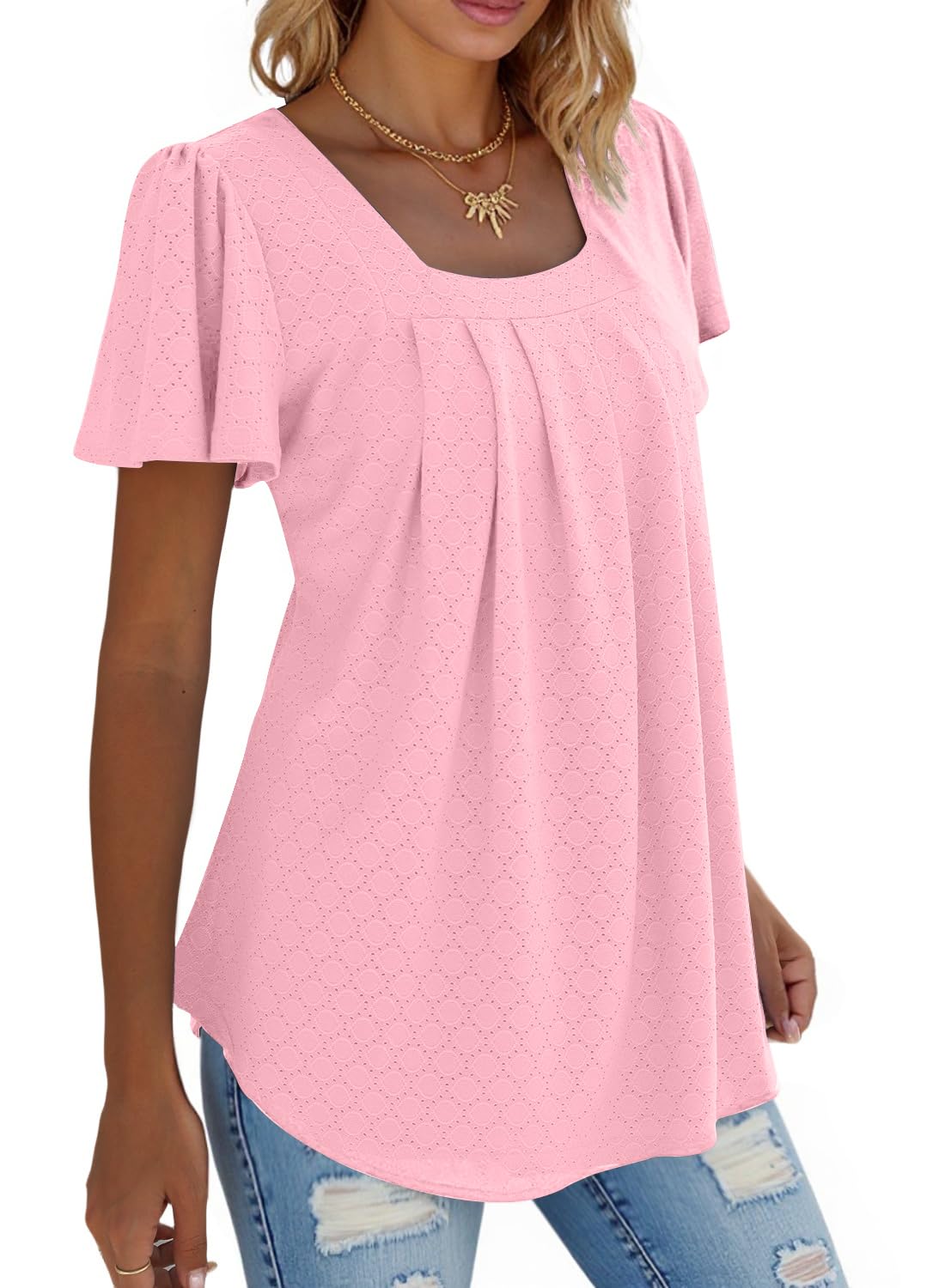 isermeo Summer Tops for Women Pleated Square Neck Ruffle Sleeve Shirts Casual Loose Flowy Curved Hem Tunic S-XXL