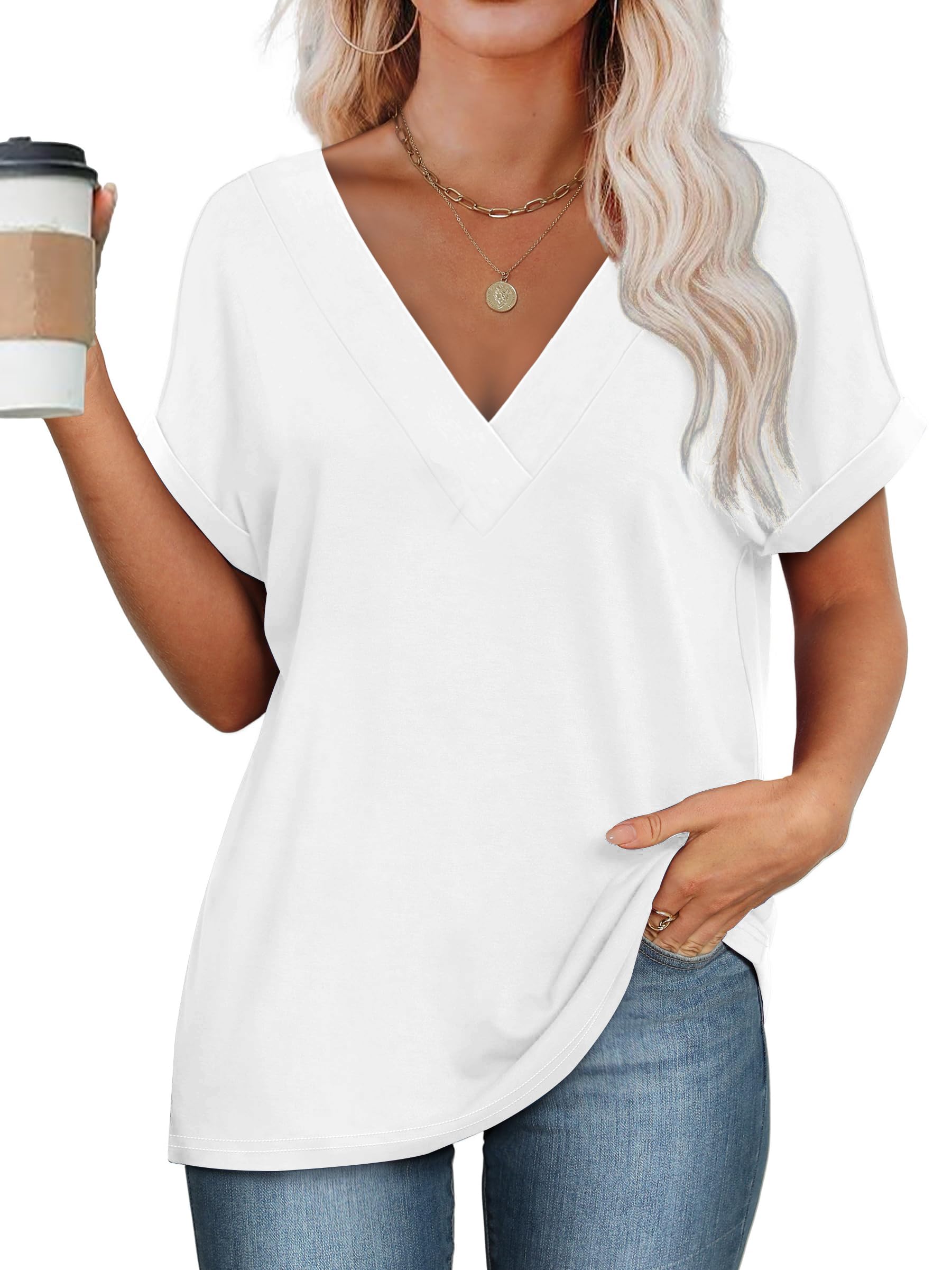 isermeo Womens T Shirts Short Sleeve V Neck Tees Fashion Tops 2026 Trendy Soft Casual Blouse Summer Outfits S-XXL