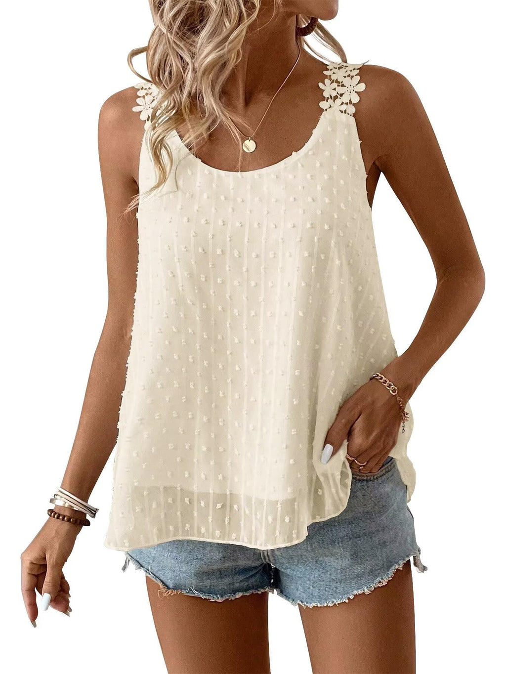 Falechay Womens Tank Tops Flowy Sleeveless Summer Boho Tank Top for Women Crewneck Spaghetti Strap Lace Camisole Shirts