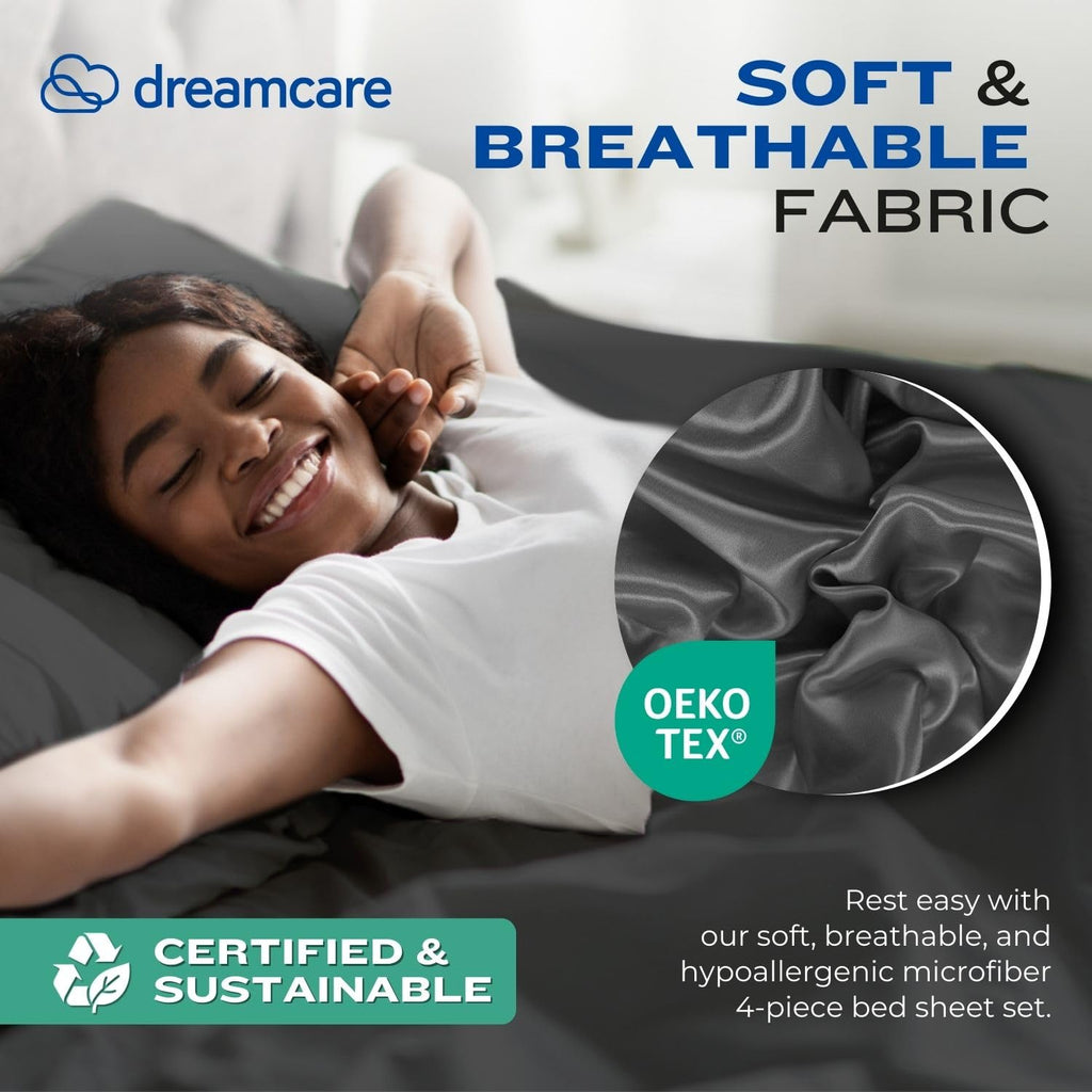 DREAMCARE Bedding Sets Queen - 4 Piece Queen Bed Sheets - Deep Pocket up to 15 in - Draps Lit Queen - Luxury Hotel Sheets & Pillowcases Set - Shrink & Fade Resistant (Queen, Black)