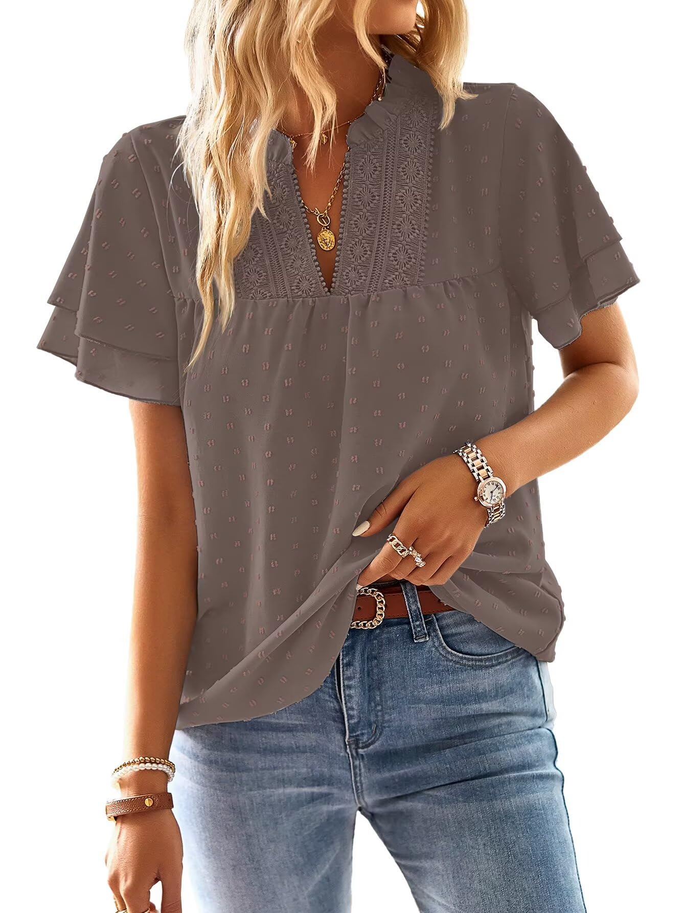 Falechay Womens Tops Butterfly Sleeve V Neck Blouses for Women Dressy Casual Flowy Swiss Dot Ruffle Short Sleeve Shirts