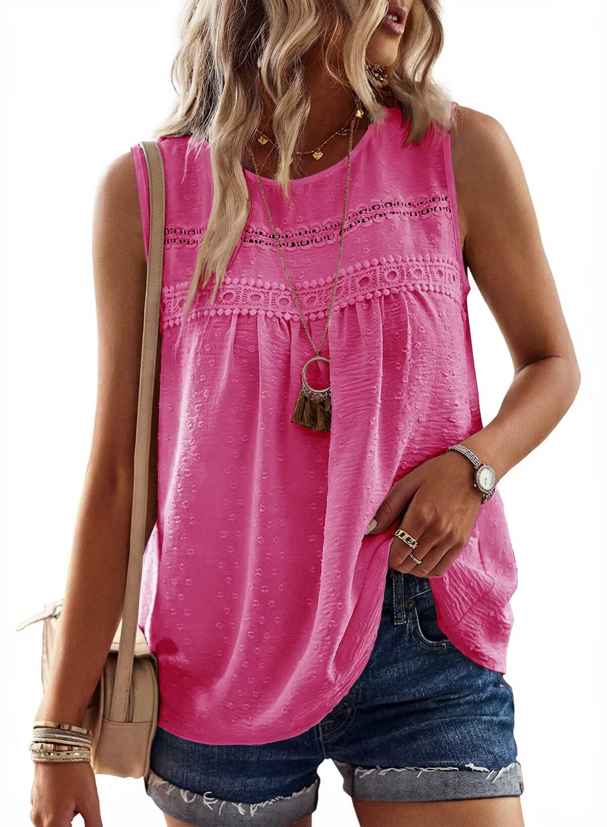 Falechay Womens Summer Tops Boho Shirts Crewneck Sleeveless Tank Tops Flowy Lace Hem Casual Blouses Clothing Trendy 2026