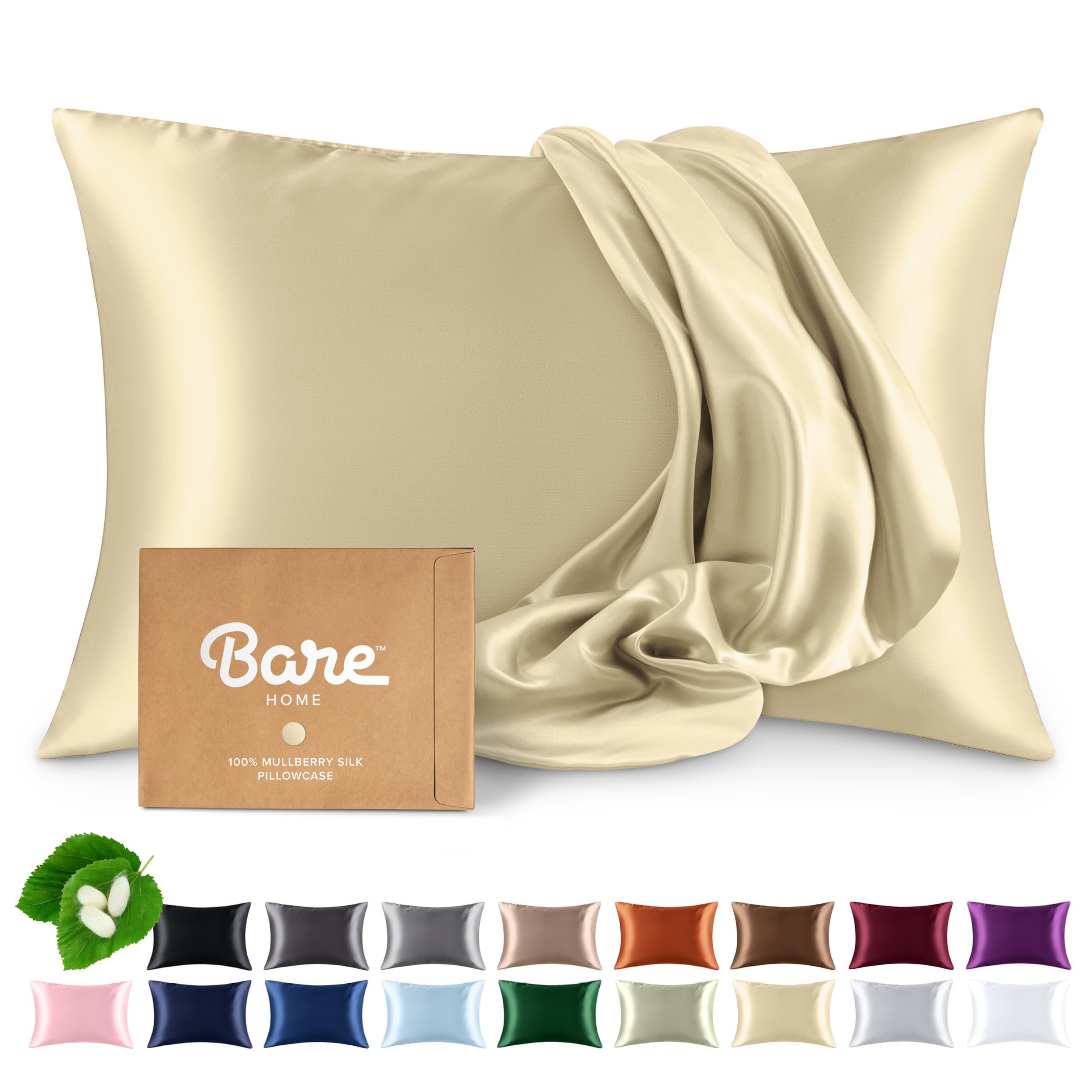 Bare Home 100% Mulberry Silk Pillowcase for Hair and Skin - Ultra Premium 6A Grade 19 Momme Silk Pillow Case - Hidden Zipper - Breathable Cooling Pillow Cover (Body, Silver)