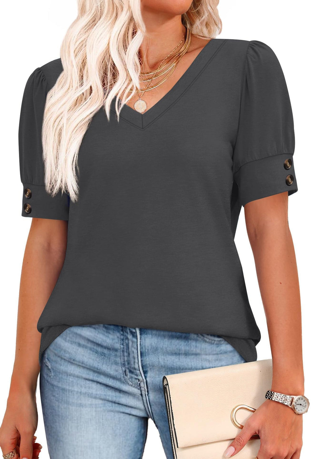 isermeo Womens Tops Short Sleeve Buttons Shirts V Neck Summer Shirts Blouses Dressy Casual Fashion S-XXL