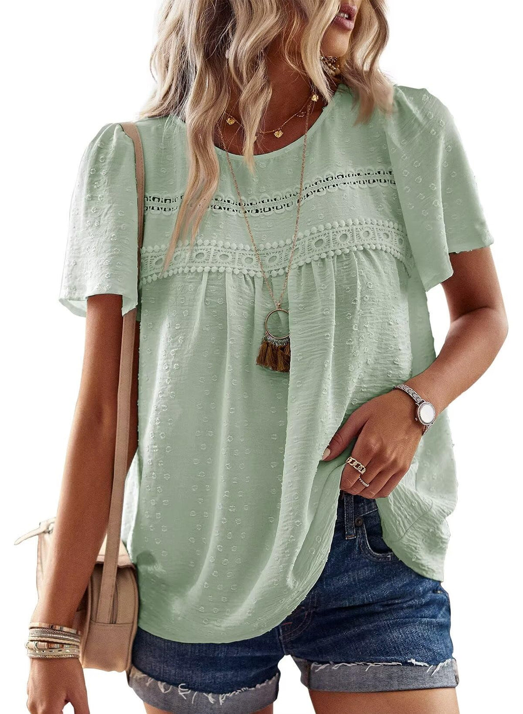 Falechay Womens Summer Tops Crewneck Short Sleeve Shirts Casual Chiffon Blouses Flowy Lace Hem Boho Clothing Trendy 2026