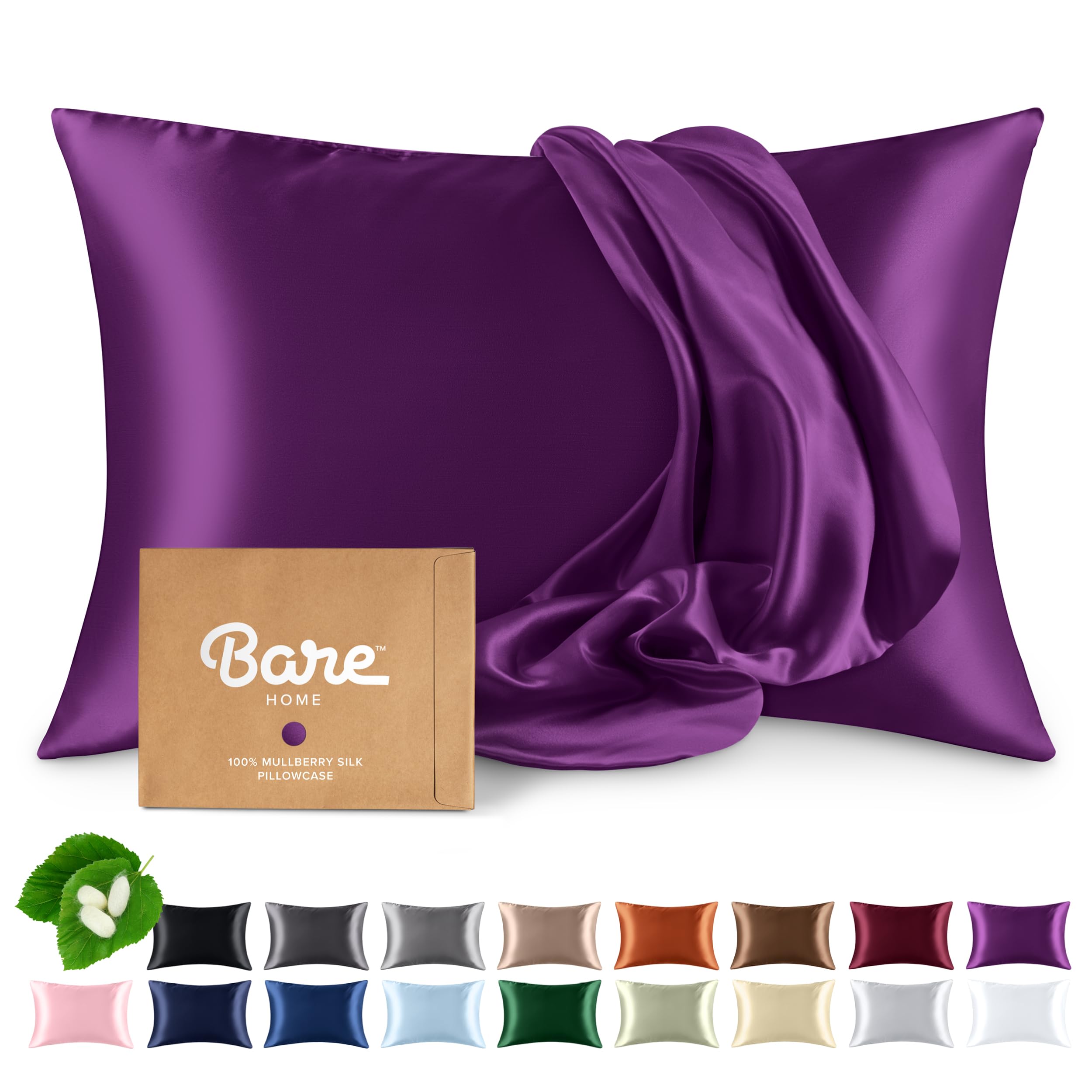 Bare Home 100% Mulberry Silk Pillowcase for Hair and Skin - Ultra Premium 6A Grade 19 Momme Silk Pillow Case - Hidden Zipper - Breathable Cooling Pillow Cover (Body, Silver)