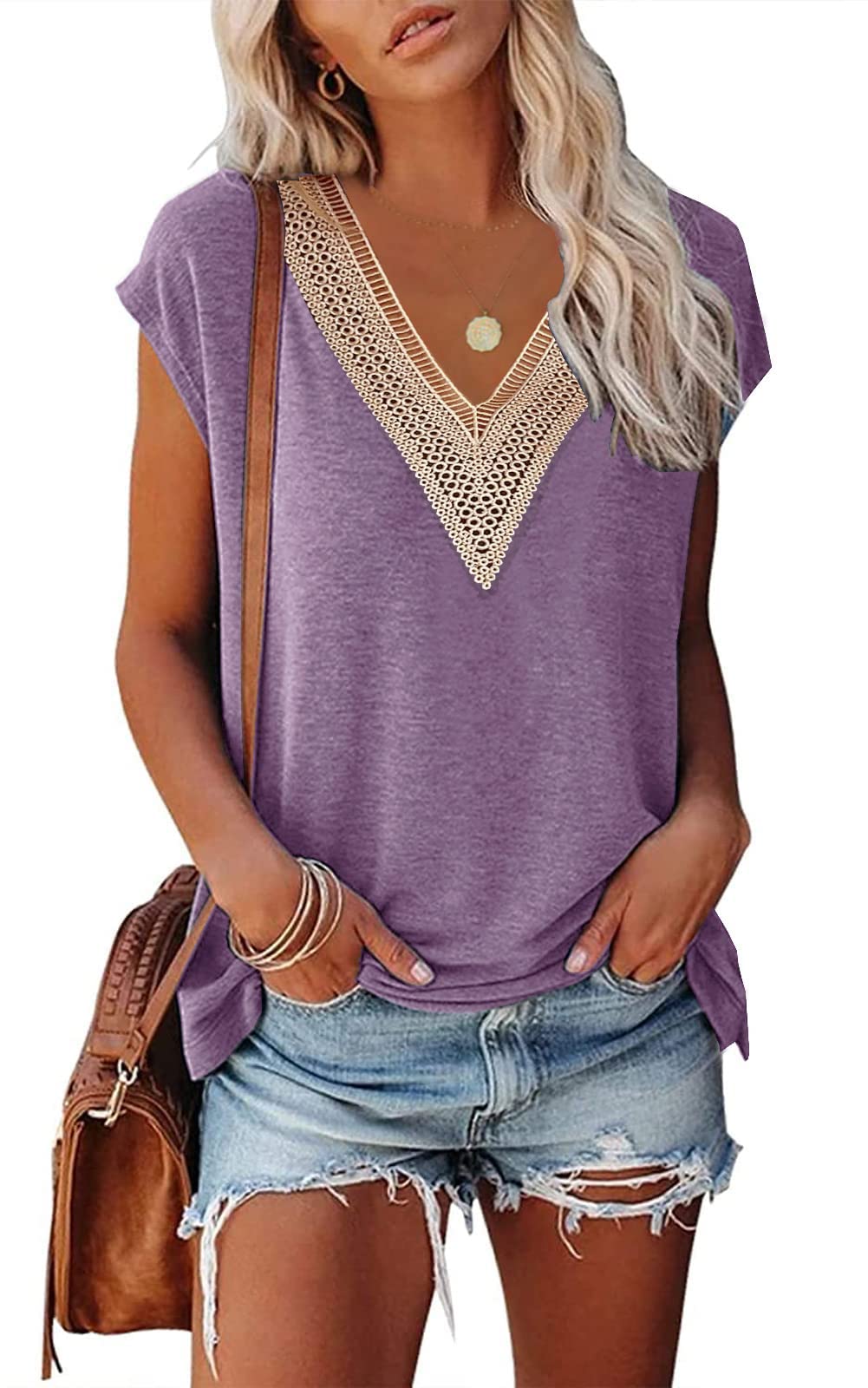 isermeo Womens Cap Sleeve Summer Tops Trendy Tank Tops Lace V Neck Loose Fit Shirts S-XXL