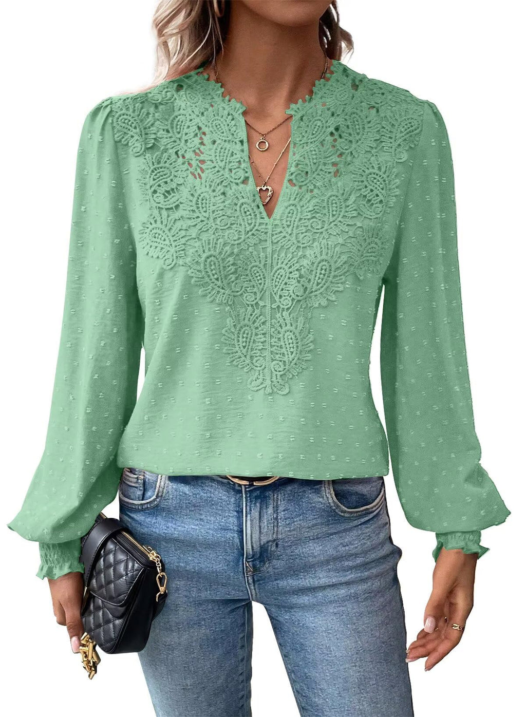 Falechay Womens Tops Swiss Dot Boho Long Sleeve Shirts V Neck Casual Chiffon Blouses Flowy Lace Hem Cute Clothing Trendy 2026