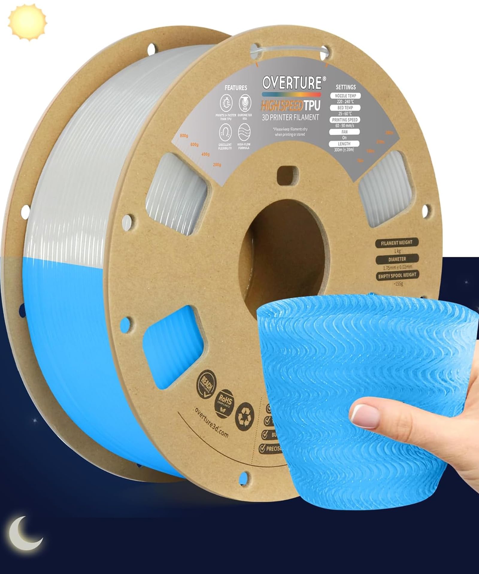 Bobine de filament TPU 1,75 mm bleu avec échantillon ondulé tenu par une main