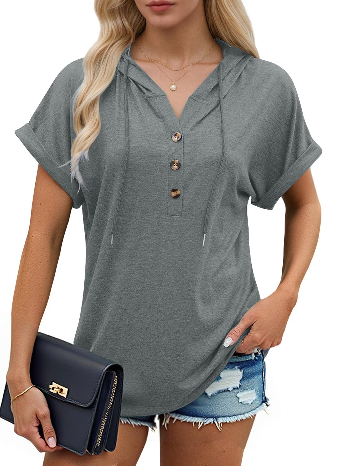 isermeo Womens Oversized Short Rolled Sleeve Summer Hoodie T Shirt 2024 Trendy Henley Button Tshirts S-XXL