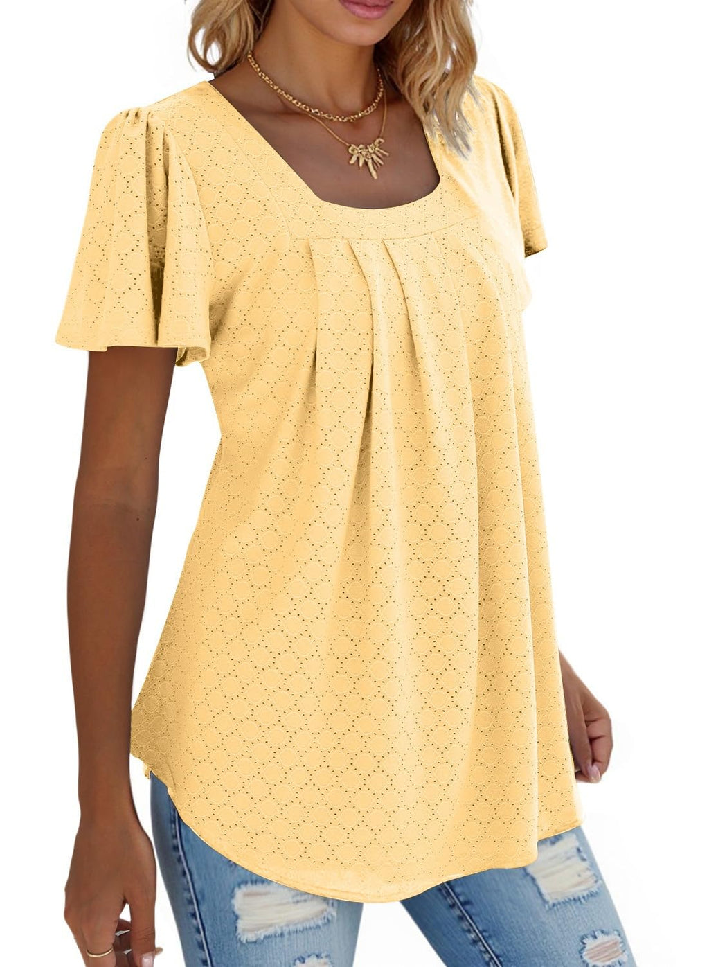 isermeo Summer Tops for Women Pleated Square Neck Ruffle Sleeve Shirts Casual Loose Flowy Curved Hem Tunic S-XXL