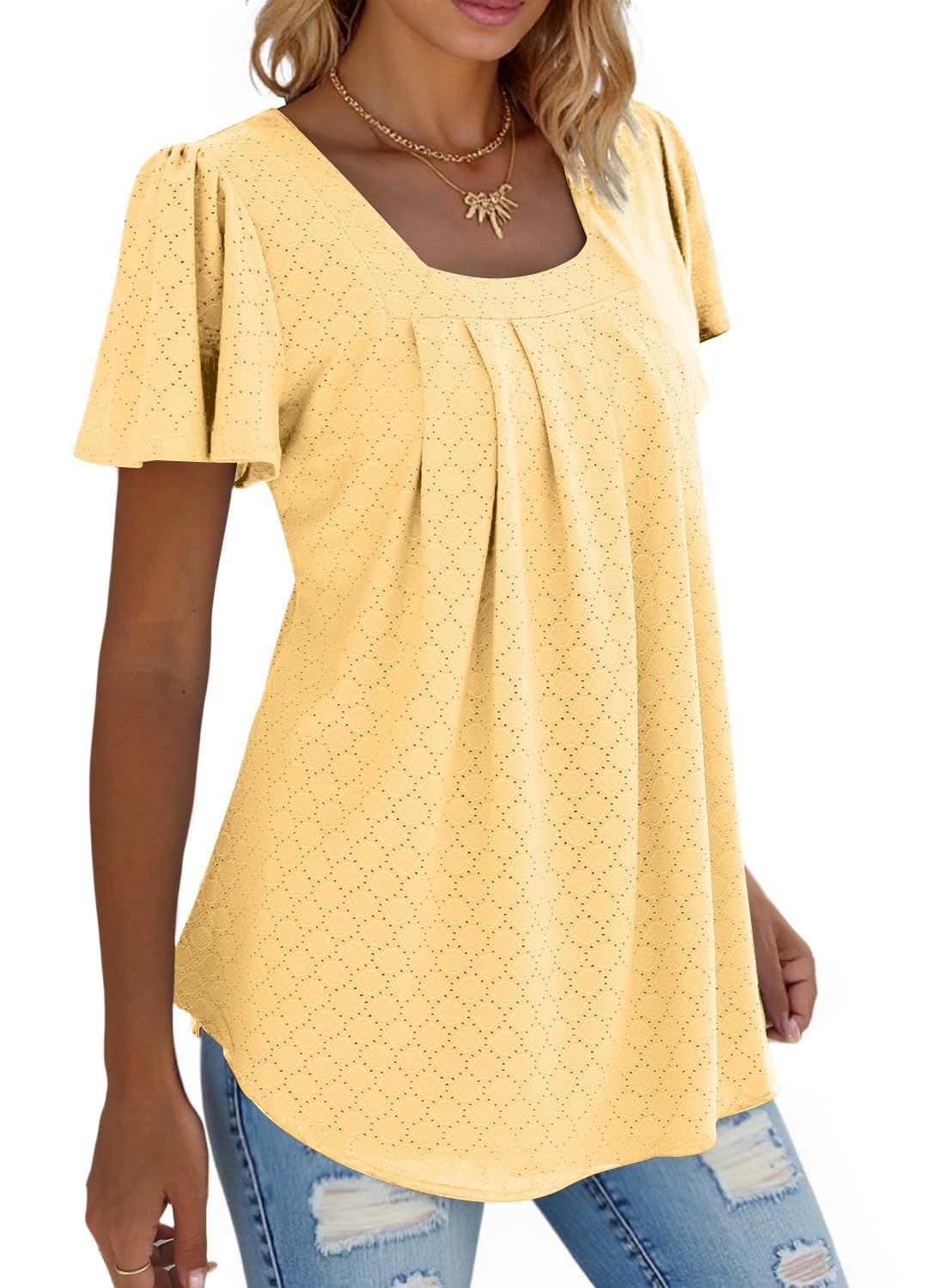 isermeo Summer Tops for Women Pleated Square Neck Ruffle Sleeve Shirts Casual Loose Flowy Curved Hem Tunic S-XXL