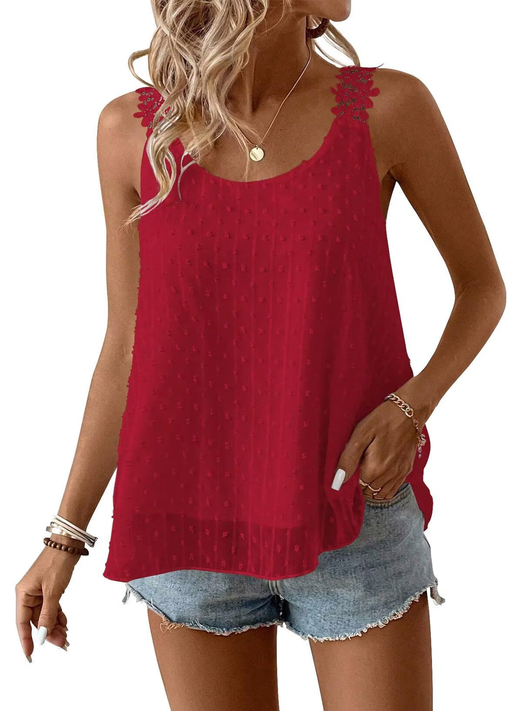 Falechay Womens Tank Tops Flowy Sleeveless Summer Boho Tank Top for Women Crewneck Spaghetti Strap Lace Camisole Shirts