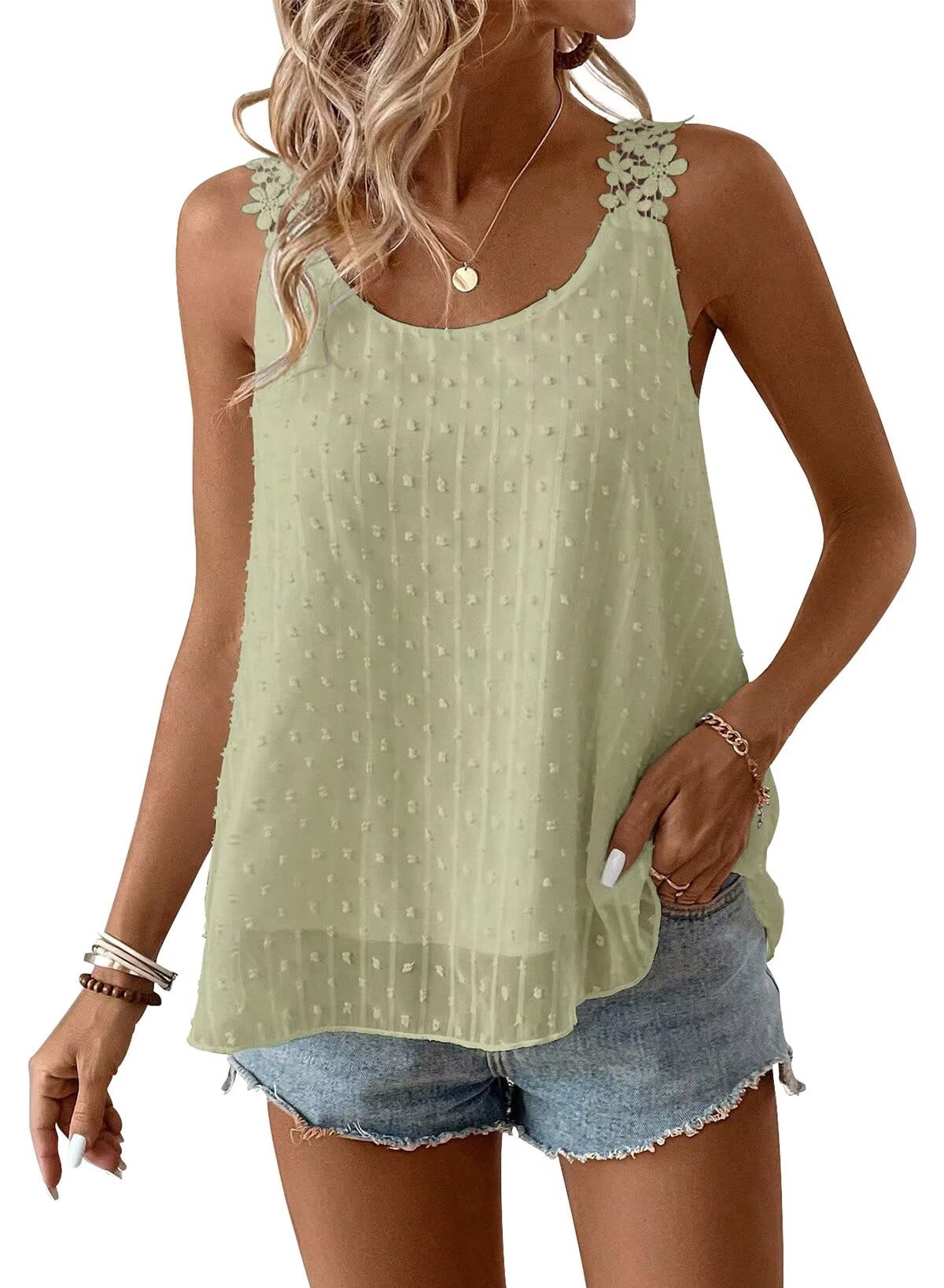 Falechay Womens Tank Tops Flowy Sleeveless Summer Boho Tank Top for Women Crewneck Spaghetti Strap Lace Camisole Shirts