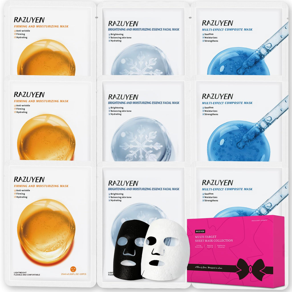 Coffret de masques en tissu aux teintes orange, bleue, noire et blanche, en boîtes.