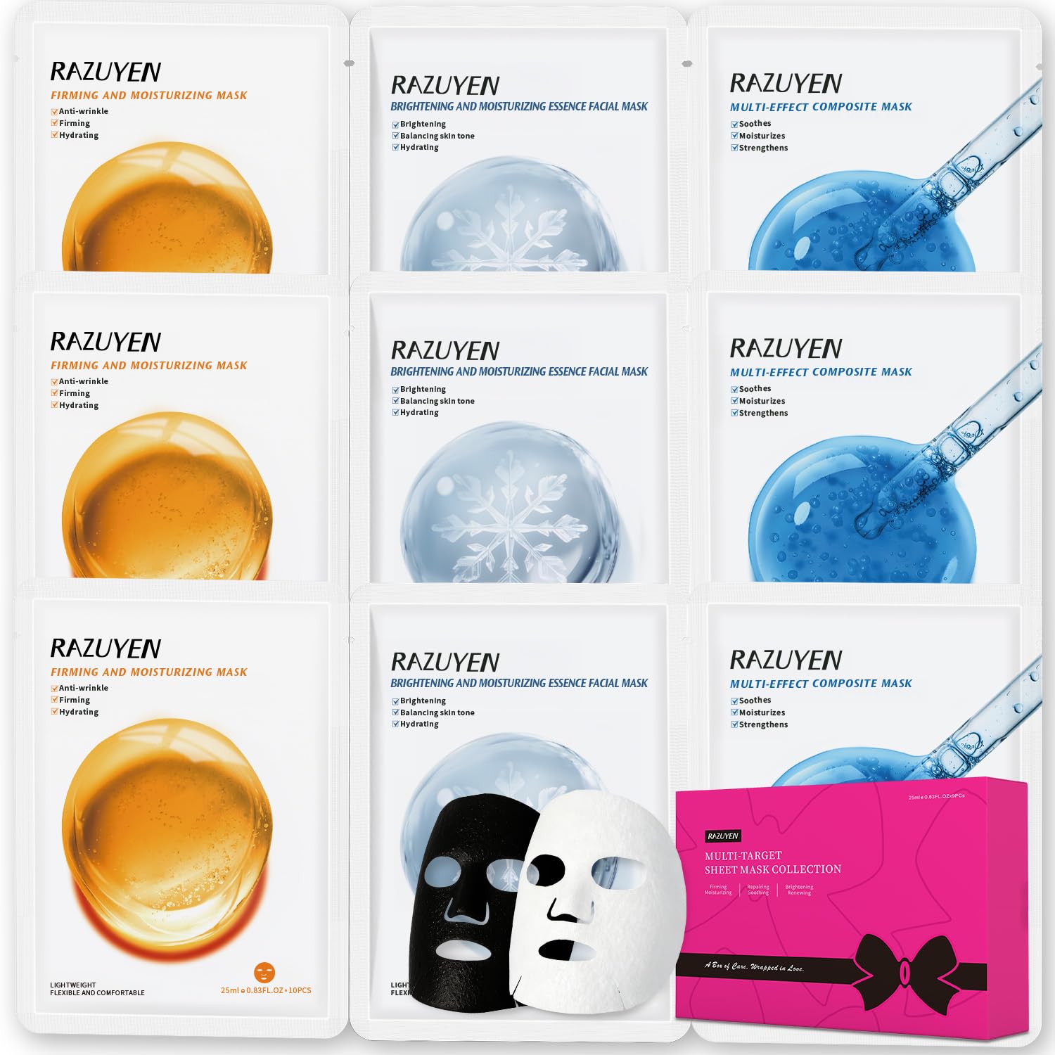 Coffret de masques en tissu aux teintes orange, bleue, noire et blanche, en boîtes.