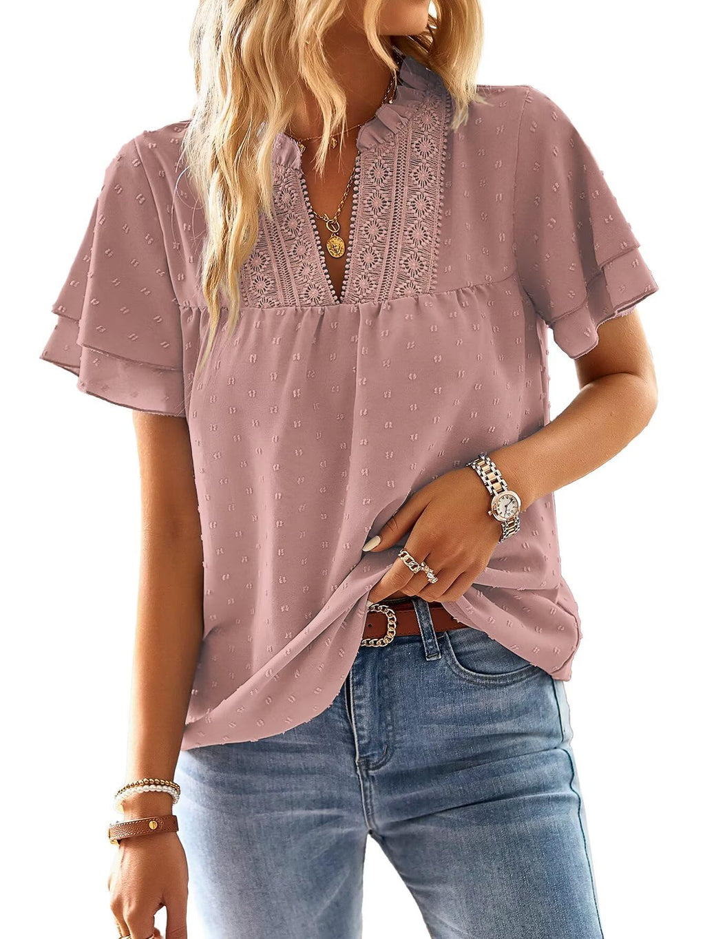 Falechay Womens Tops Butterfly Sleeve V Neck Blouses for Women Dressy Casual Flowy Swiss Dot Ruffle Short Sleeve Shirts