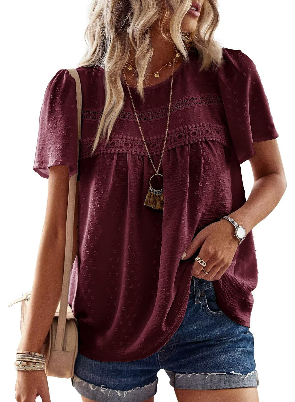 Falechay Womens Summer Tops Crewneck Short Sleeve Shirts Casual Chiffon Blouses Flowy Lace Hem Boho Clothing Trendy 2026