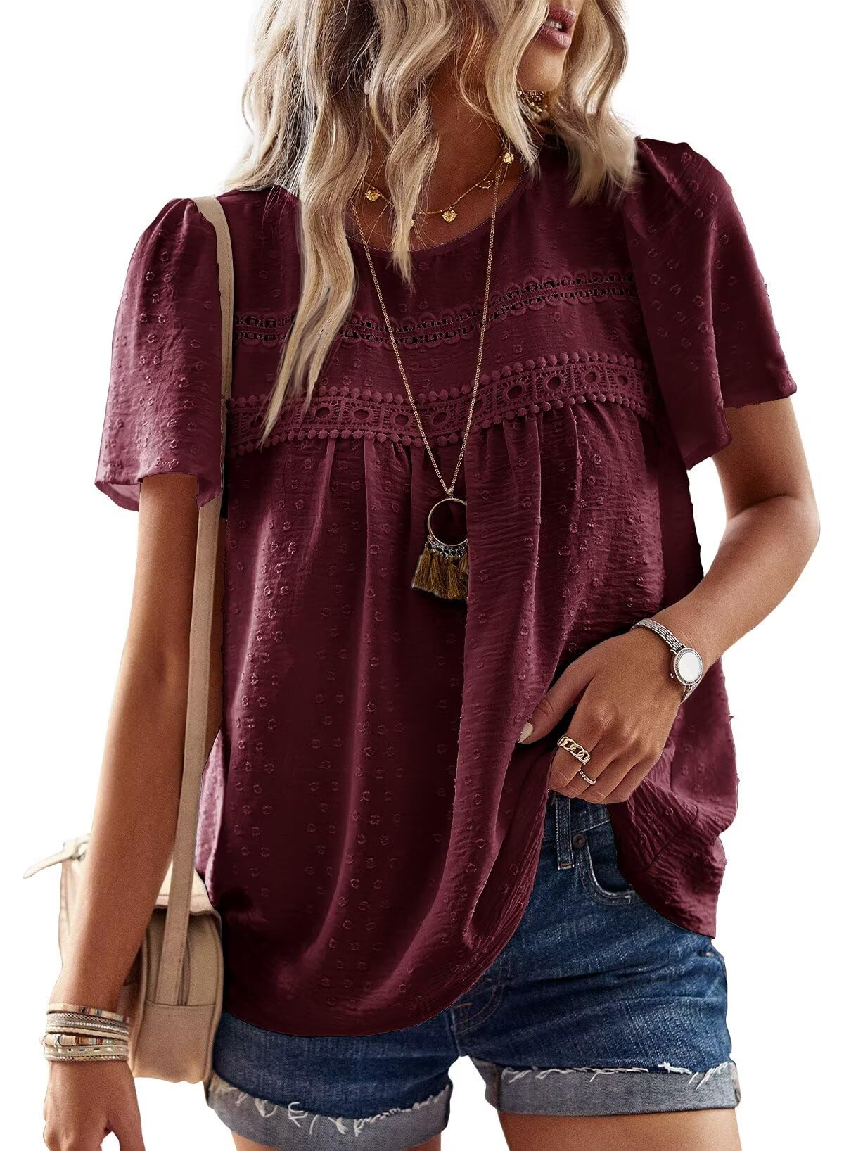 Falechay Womens Summer Tops Crewneck Short Sleeve Shirts Casual Chiffon Blouses Flowy Lace Hem Boho Clothing Trendy 2026