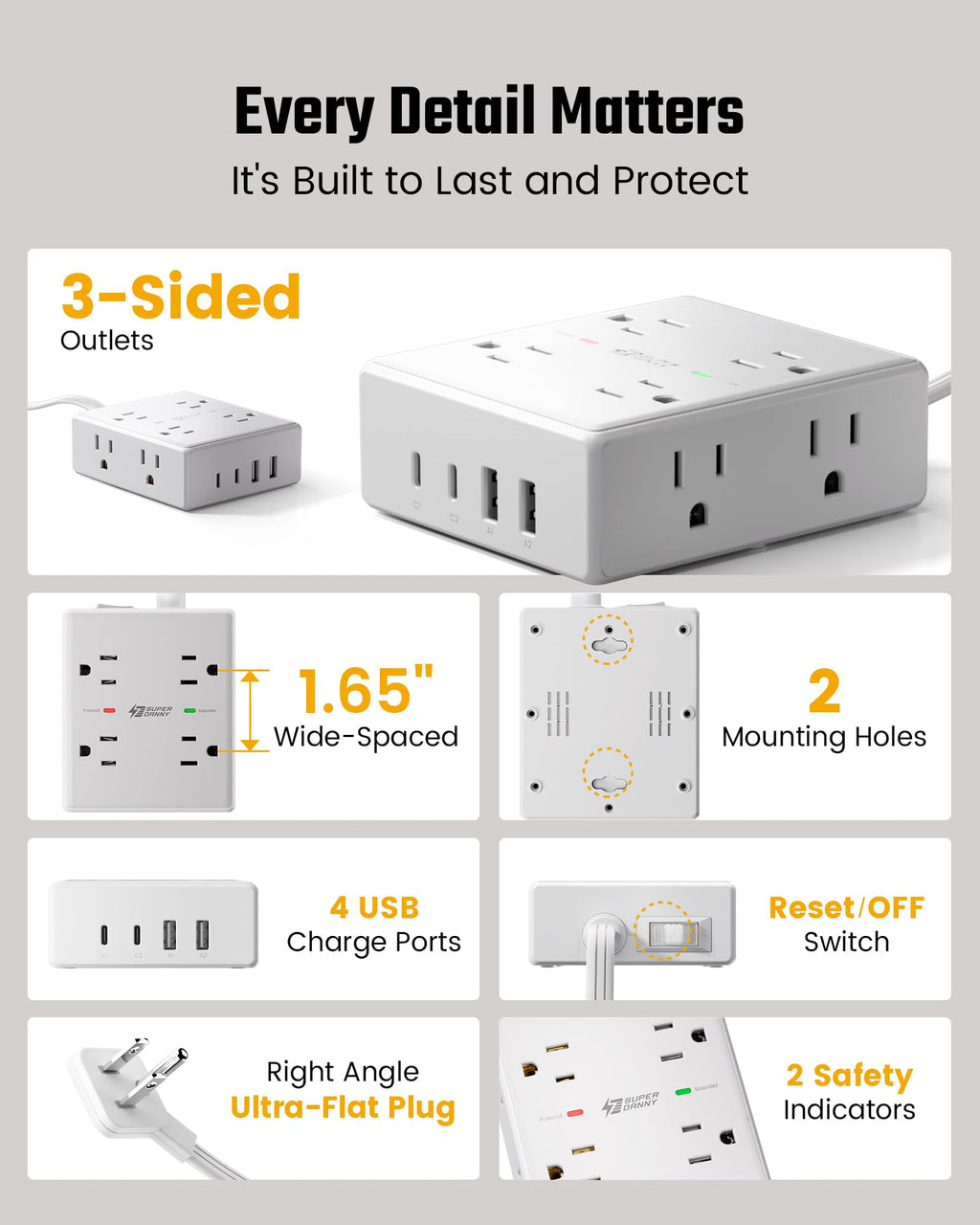 Surge Protector Power Bar, SUPERDANNY 6 Ft Extension Cord with 8 Outlets & 4USB Ports (2 USB 2 C), Mountable Flat Plug Power Strip, Surge Protection for Home, Office, Dorm