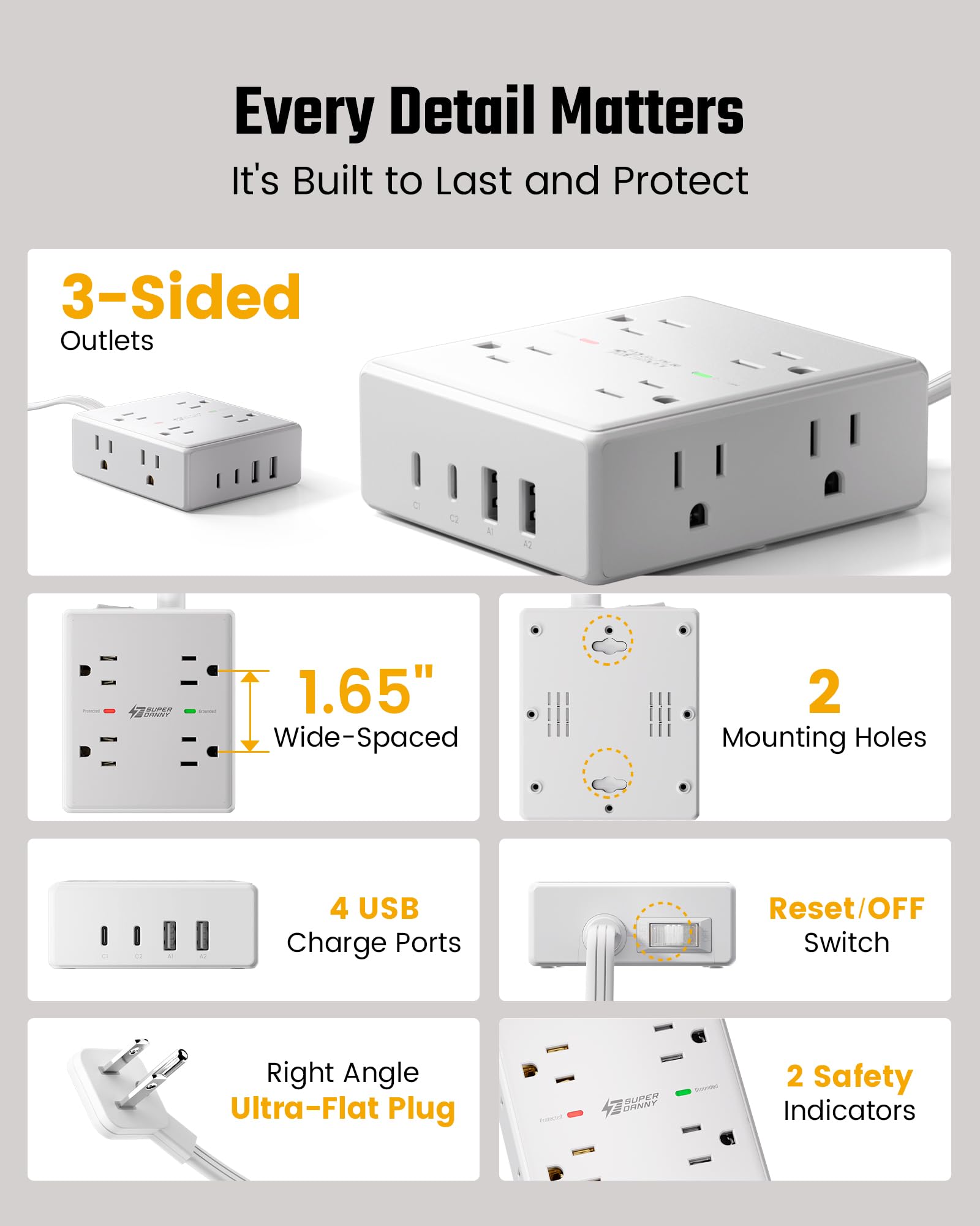 Surge Protector Power Bar, SUPERDANNY 6 Ft Extension Cord with 8 Outlets & 4USB Ports (2 USB 2 C), Mountable Flat Plug Power Strip, Surge Protection for Home, Office, Dorm