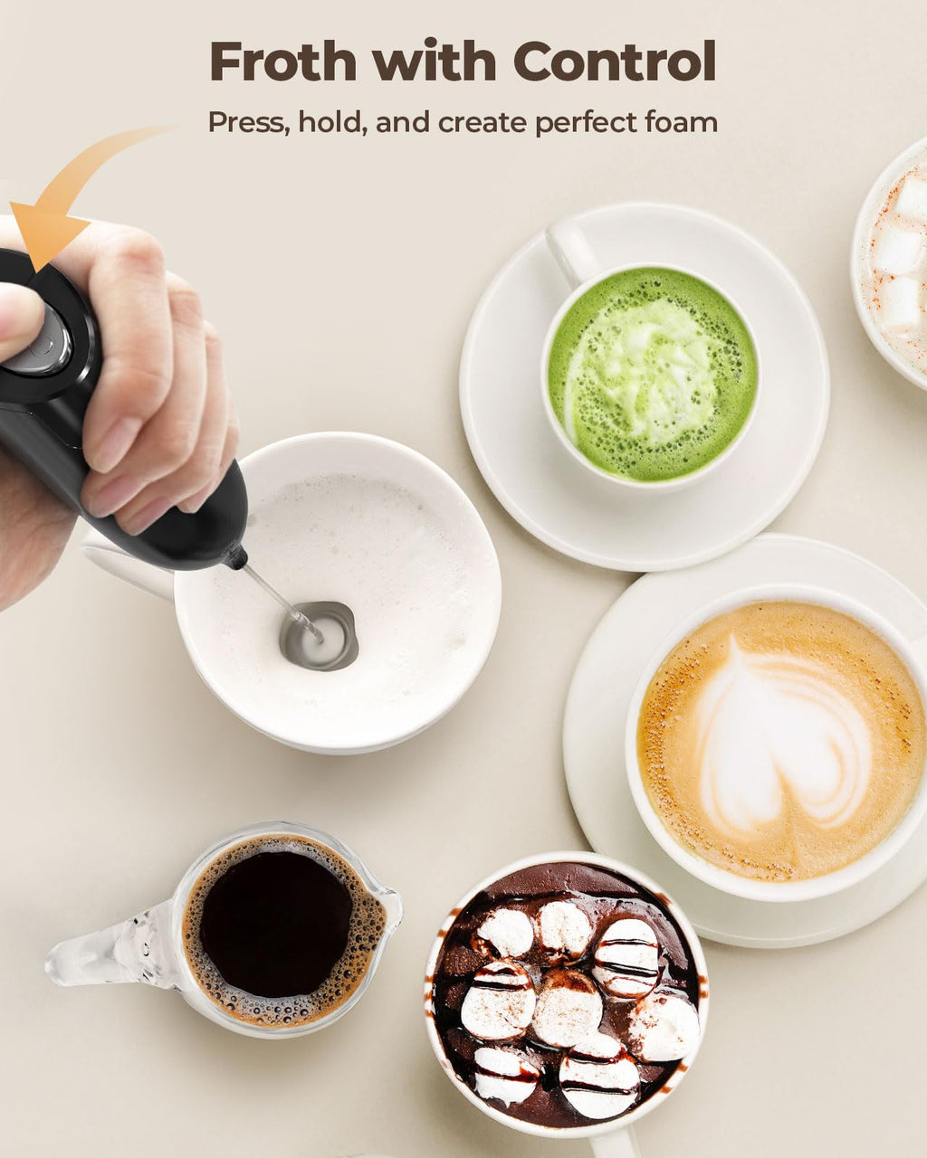 SIMPLETASTE Milk Frother Handheld Electric Foam Maker, Drink Mixer with Stainless Steel Whisk for Cappuccino, Bulletproof Coffee, Latte, Blizzard White, Without Stand, Battery Operated