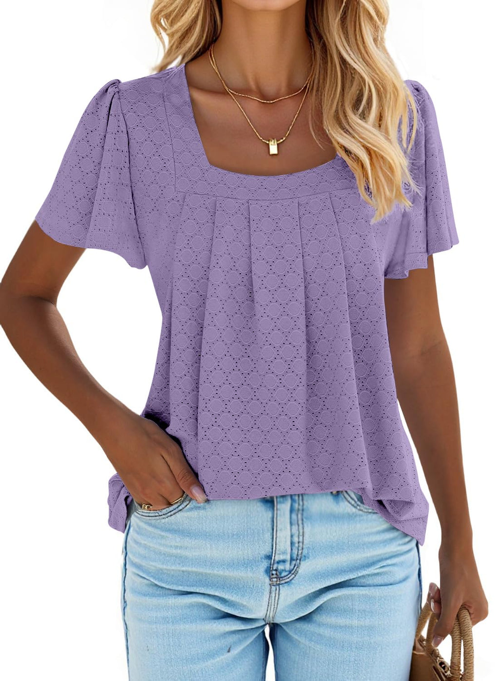 isermeo Summer Tops for Women Pleated Square Neck Ruffle Sleeve Shirts Casual Loose Flowy Curved Hem Tunic S-XXL