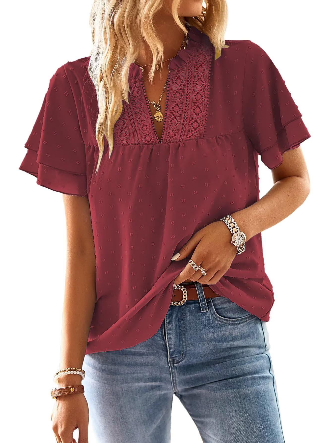 Falechay Womens Tops Butterfly Sleeve V Neck Blouses for Women Dressy Casual Flowy Swiss Dot Ruffle Short Sleeve Shirts