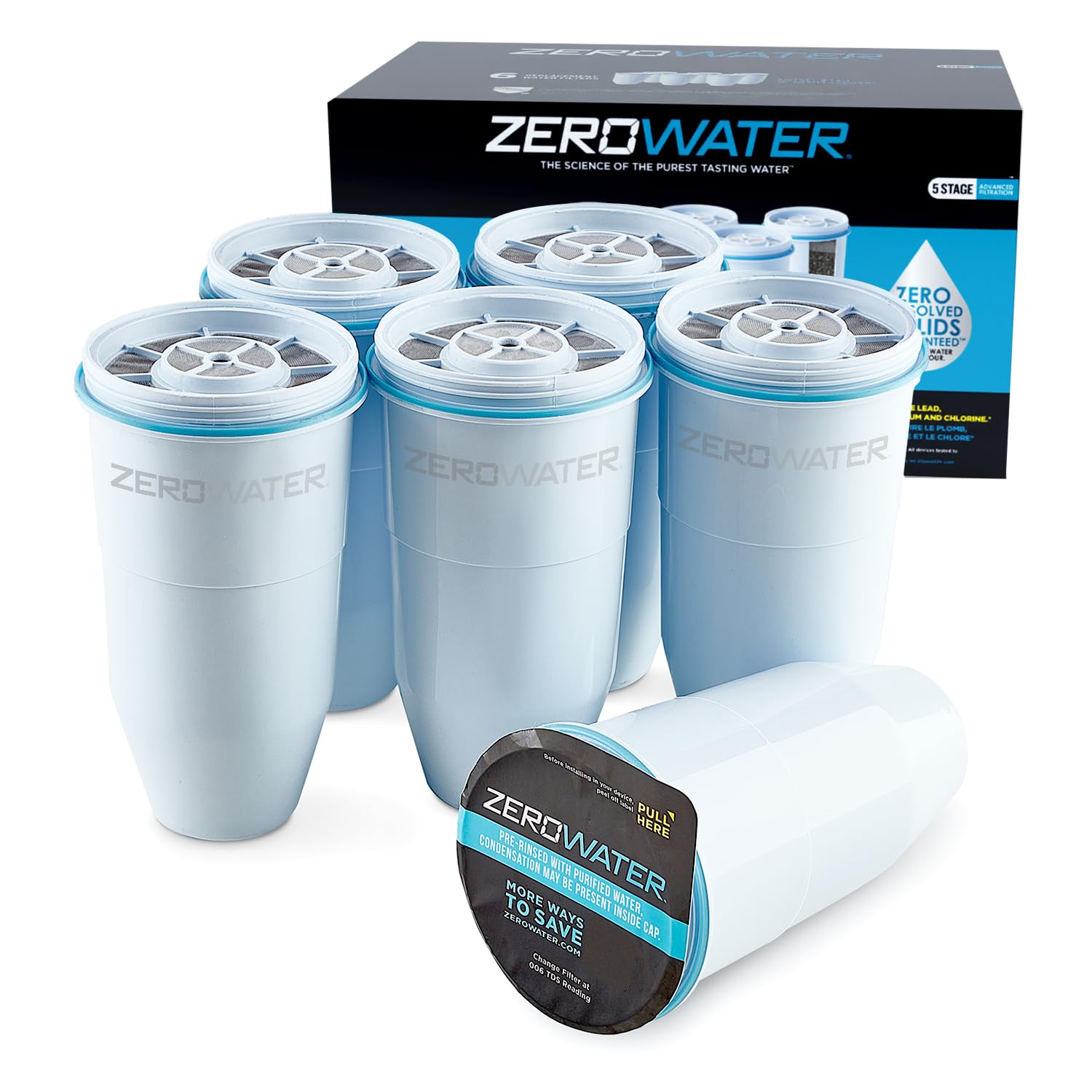 ZeroWater Official Replacement Filter - 5-Stage 0 TDS Filter Replacement - System IAPMO Certified to Reduce Lead, Chromium, and PFOA/PFOS, 2-Pack