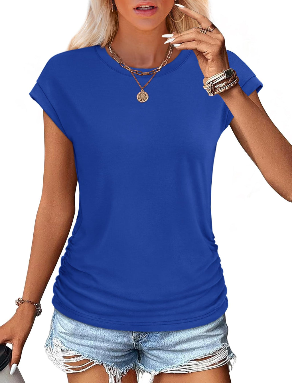 isermeo Womens Summer Tops Trendy 2026 Ruched Side Cap Short Sleeve Tshirts Crew Neck T Shirts Fashion S-XXL