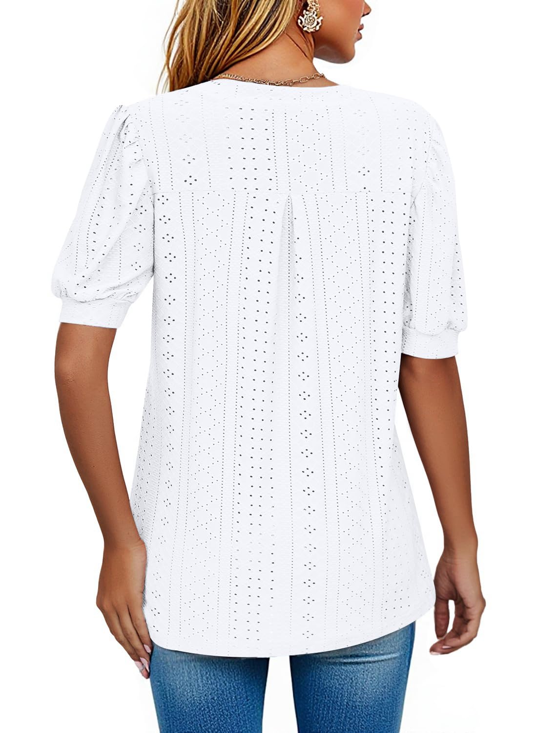 isermeo Womens Shirts Casual V Neck Tshirts Puff Short Sleeve Summer Tops Tunic Blouses S-XXL